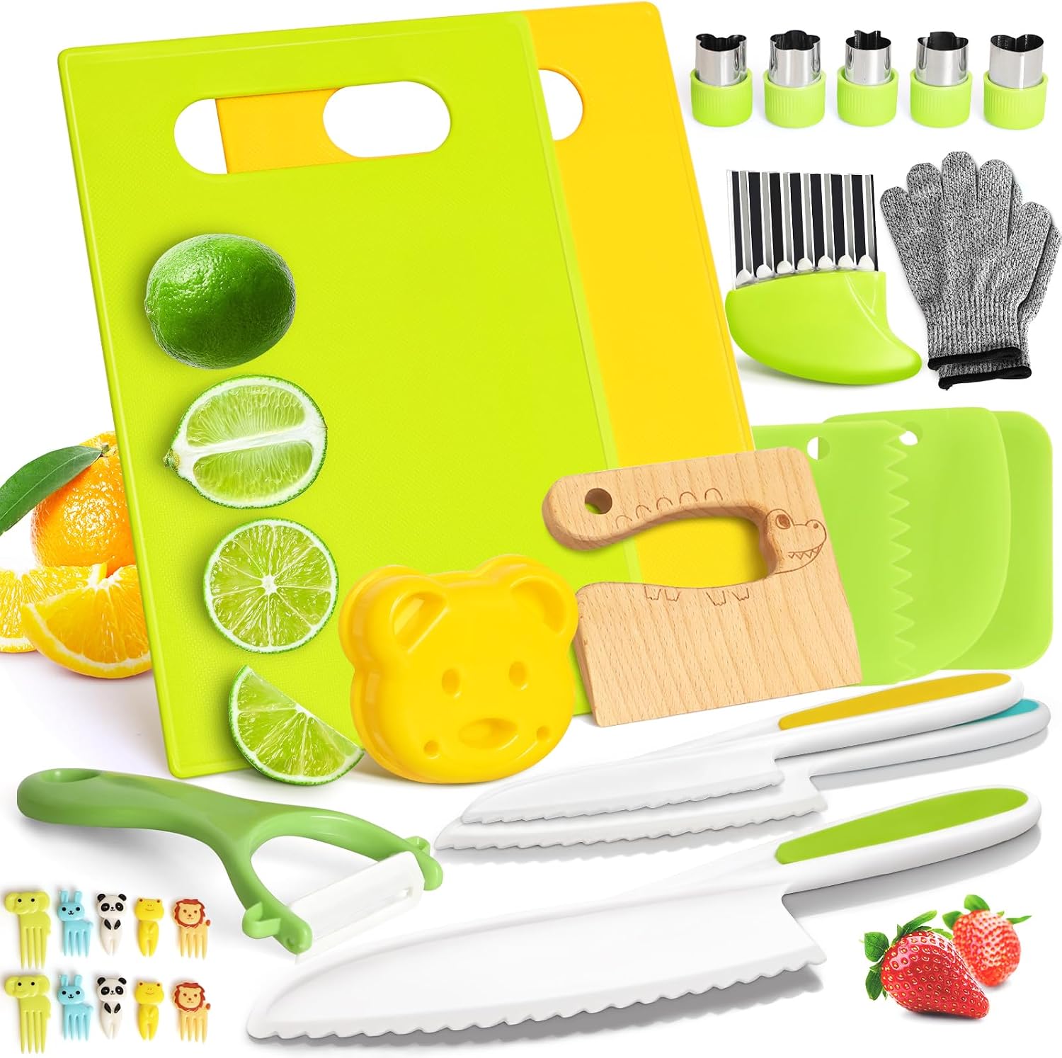 Detalle de Suhctuptx Kids Knives 28-Piece Cooking Set with Cutting Boards and Crinkle Cutters