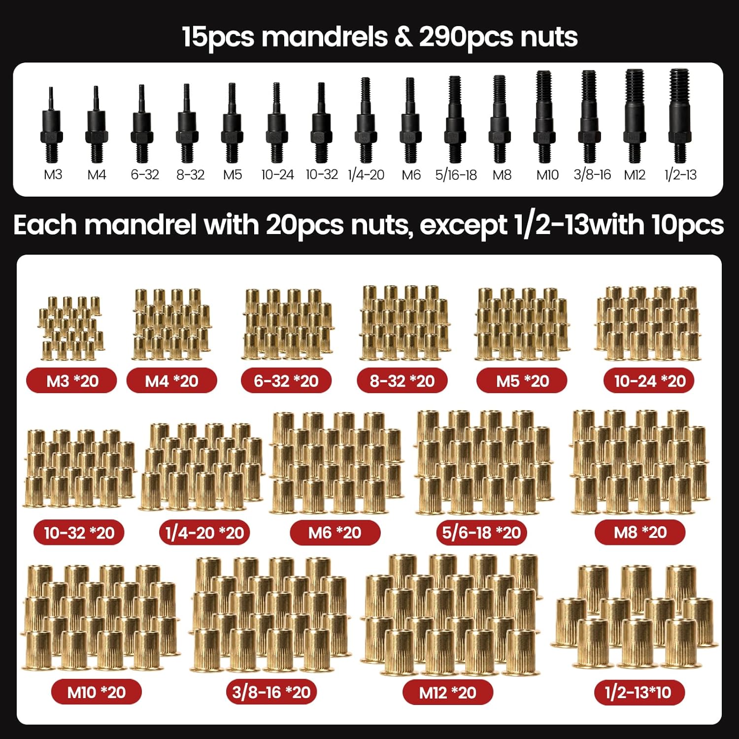 Thumbnail 1 de WOBANK Rivet Nut Tool Kit (16-inch) with 290 Rivet Nuts, 15 Mandrels & Carry Case