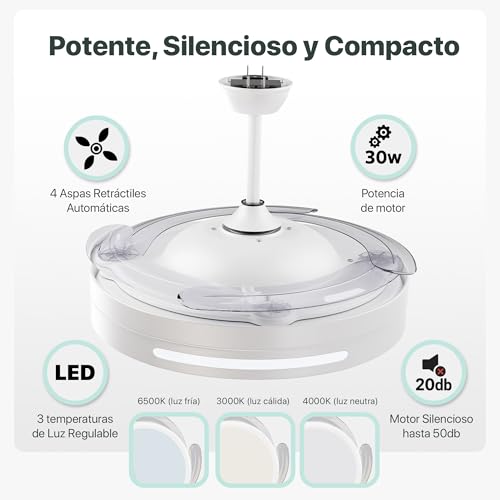 Thumbnail 2 de LEDUNI Ventilador de techo con luz LED 36W, mando y aspas retráctiles (50 cm) – Blanco