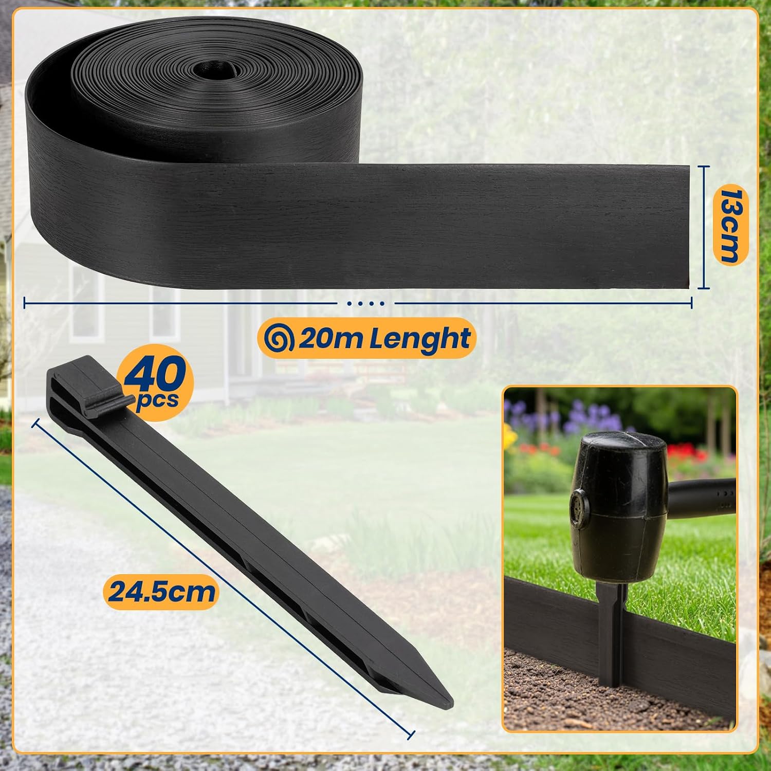 Detalle 2 de Velway elastyczne obrzeże trawnikowe 20 m x 13 cm, 40 kotew, czarne