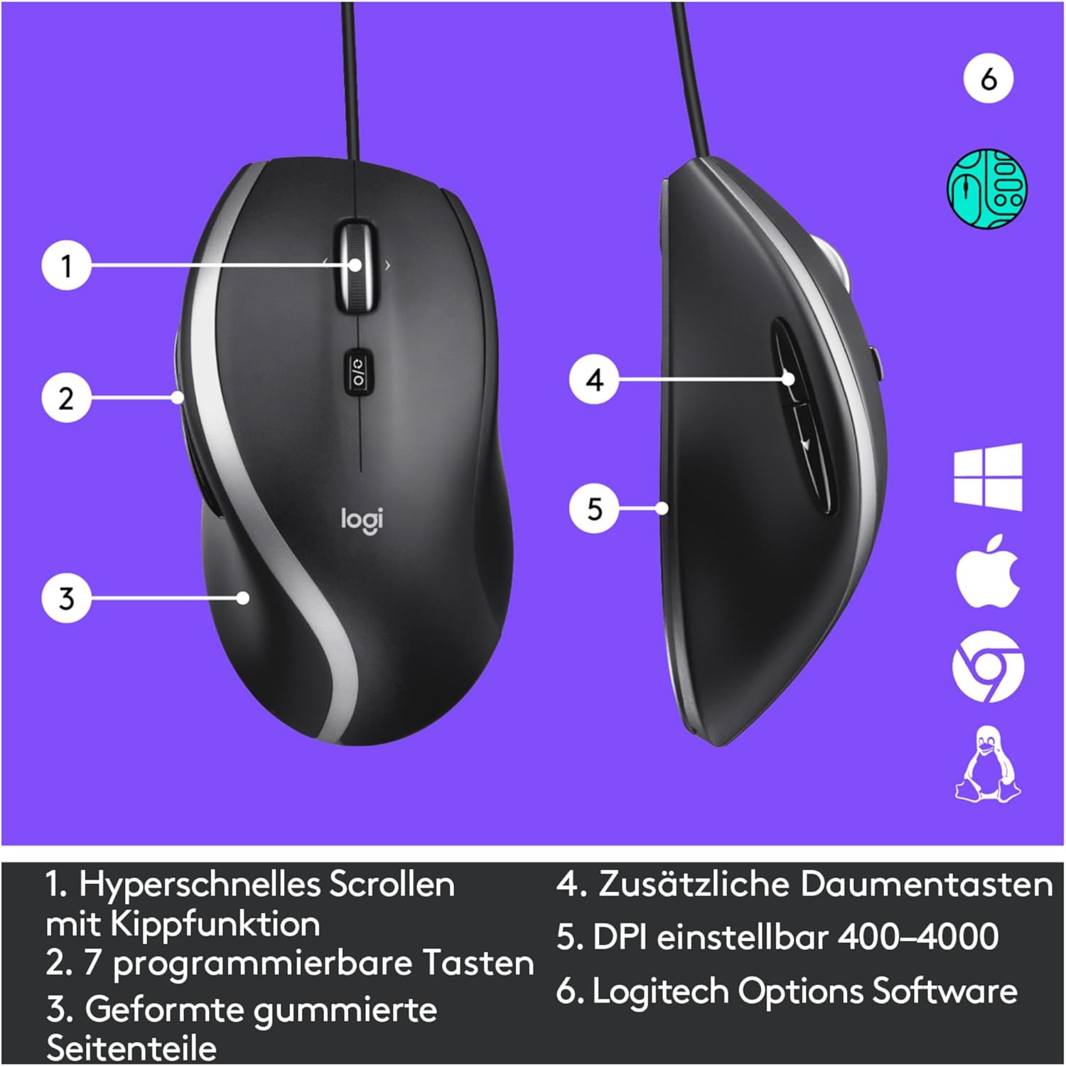 Thumbnail 4 de Logitech M500 Wired USB Mouse — High Precision 1000 DPI, 7 Buttons