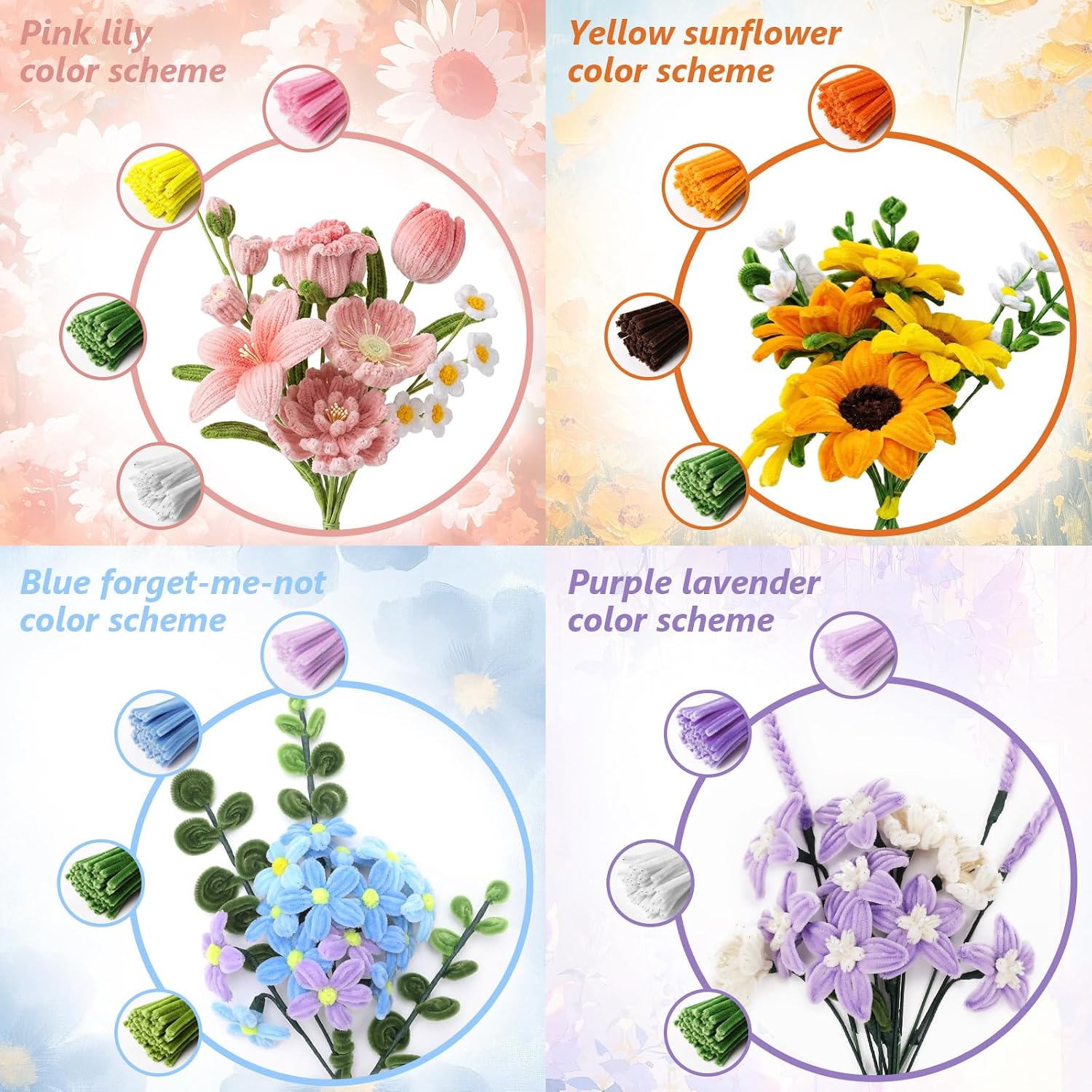 Detalle 2 de 1050 PCS Pipe Cleaner Flower Kit: 15 Colors, Floral Stems, and DIY Craft Essentials