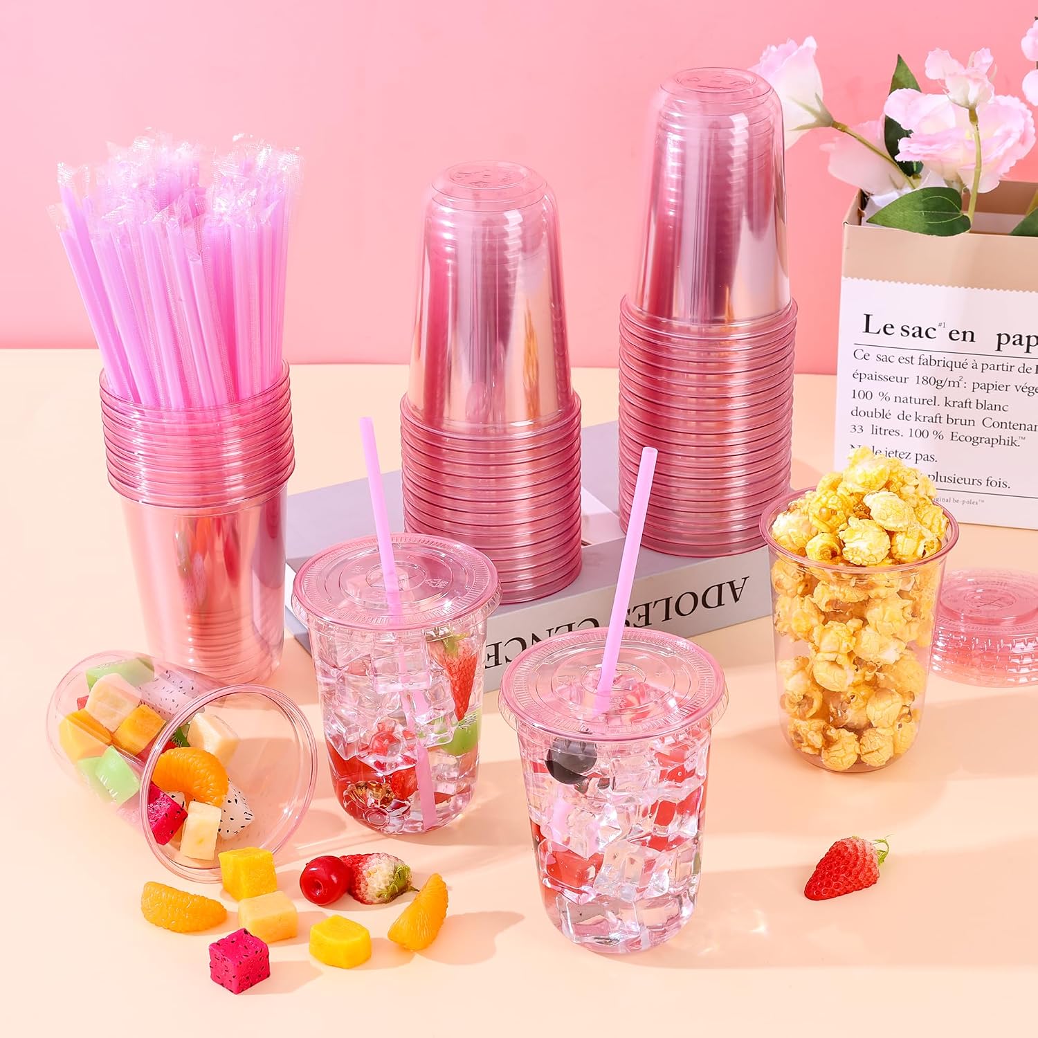 Detalle de KesaPlan 50 Pack 16 oz Pink Plastic Party Cups with Lids and Straws