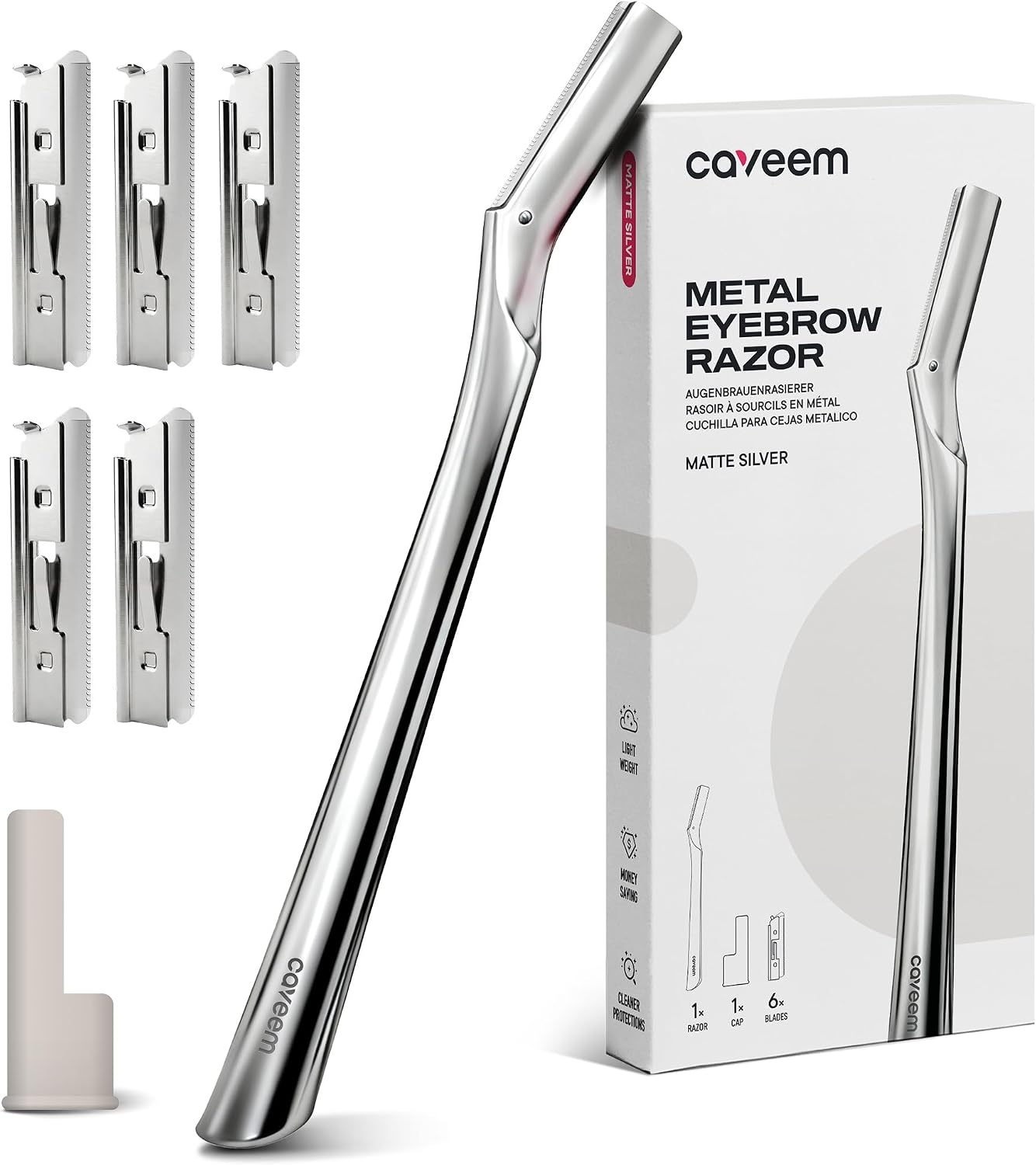 Detalle de CAVEEM Eyebrow Razor, Matte Silver, 6 Blades, Zinc Alloy Handle and Silicone Cap