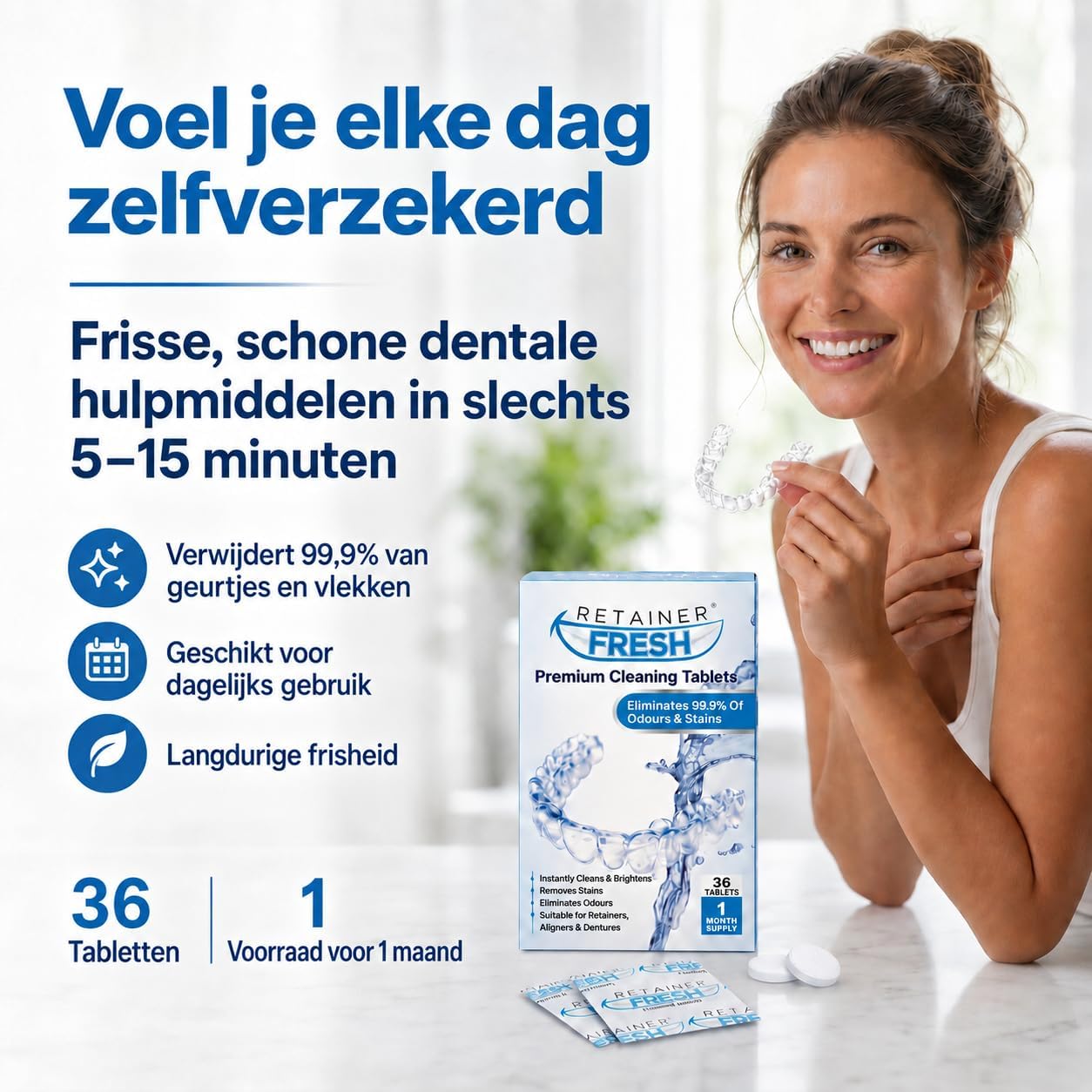 Detalle de Retainer Fresh reinigingstabletten voor beugels, aligners en gebitsbeschermers, 36 stuks