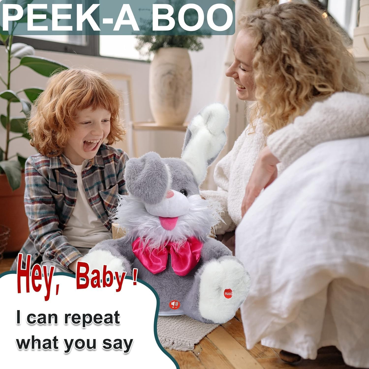 Detalle 2 de seOSTO Bunny Peek-A-Boo Talking Toy: Repeat What You Say, Singing 15 English Songs