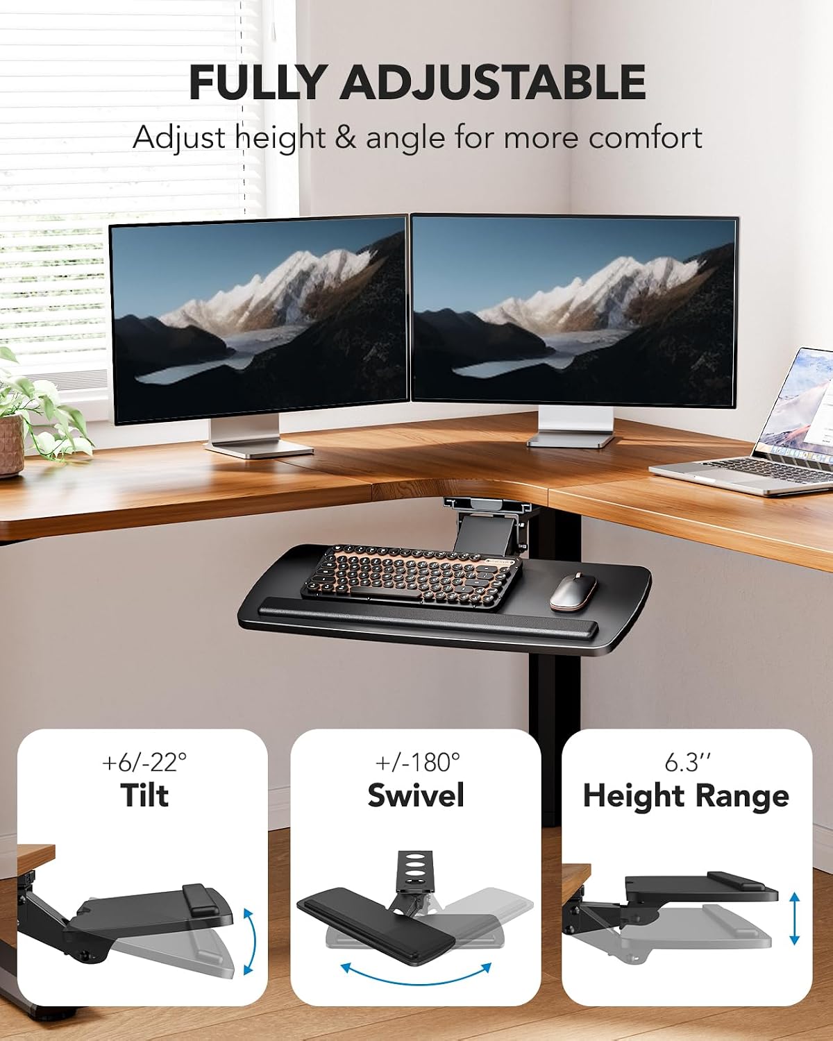 Detalle 2 de HUANUO HN-J Under-Desk Keyboard Tray, Swivel, Height-Adjustable, with Wrist Rest