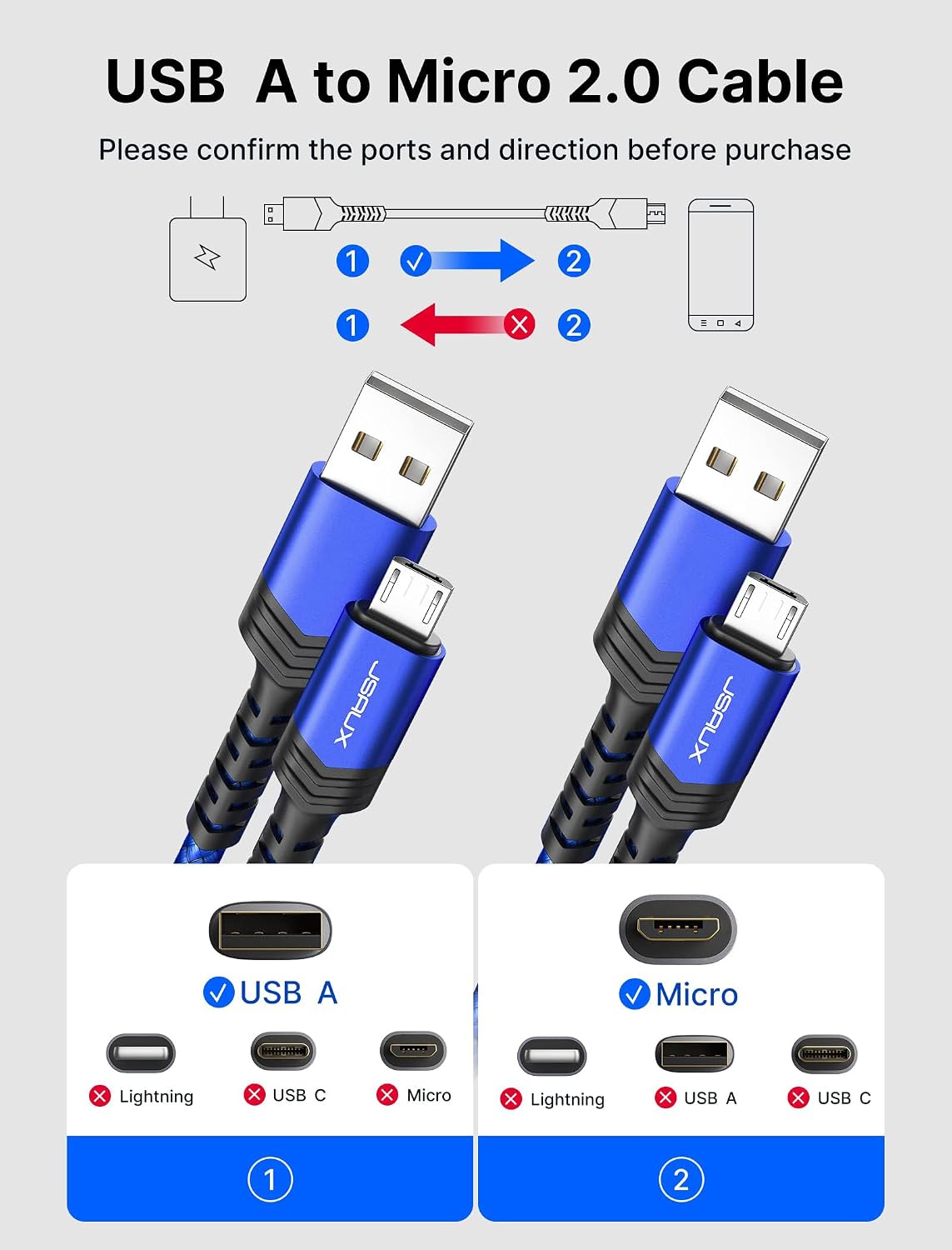 Thumbnail 1 de JSAUX Micro USB Cable 6.6FT 2-Pack