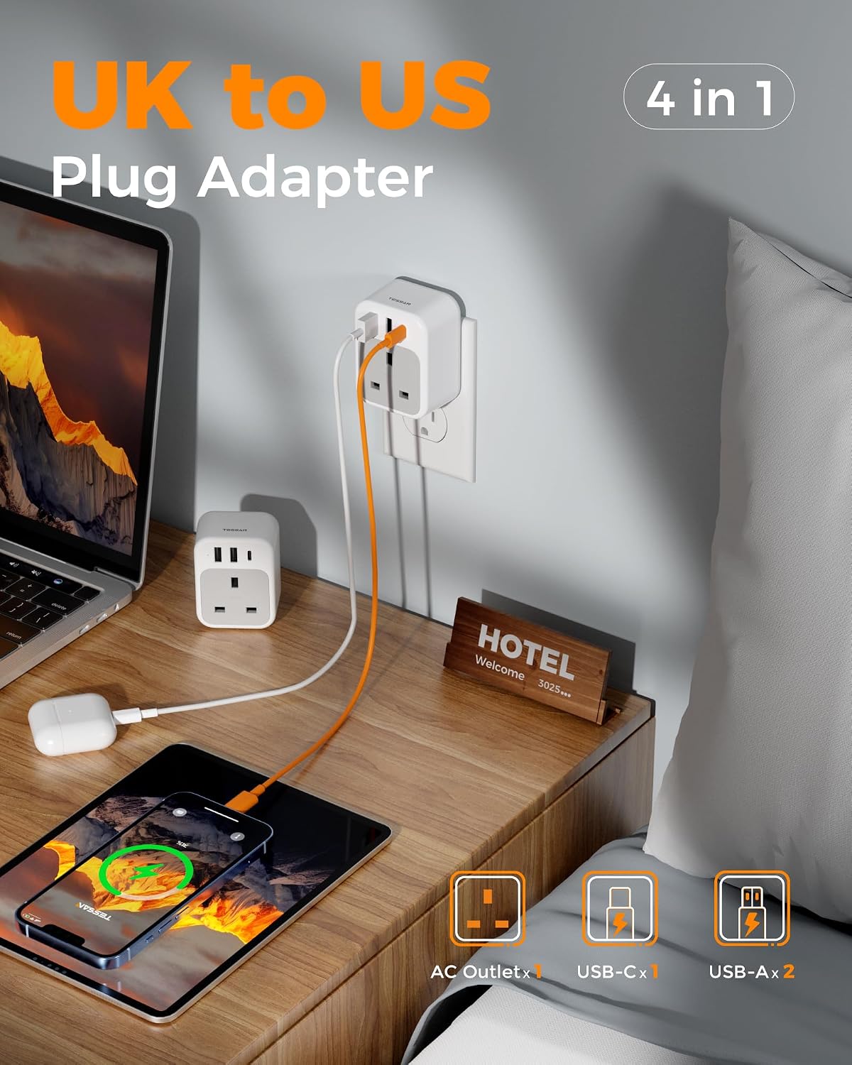 Thumbnail 2 de TESSAN UK to US Plug Adaptor 4‑in‑1 with USB C & USB A