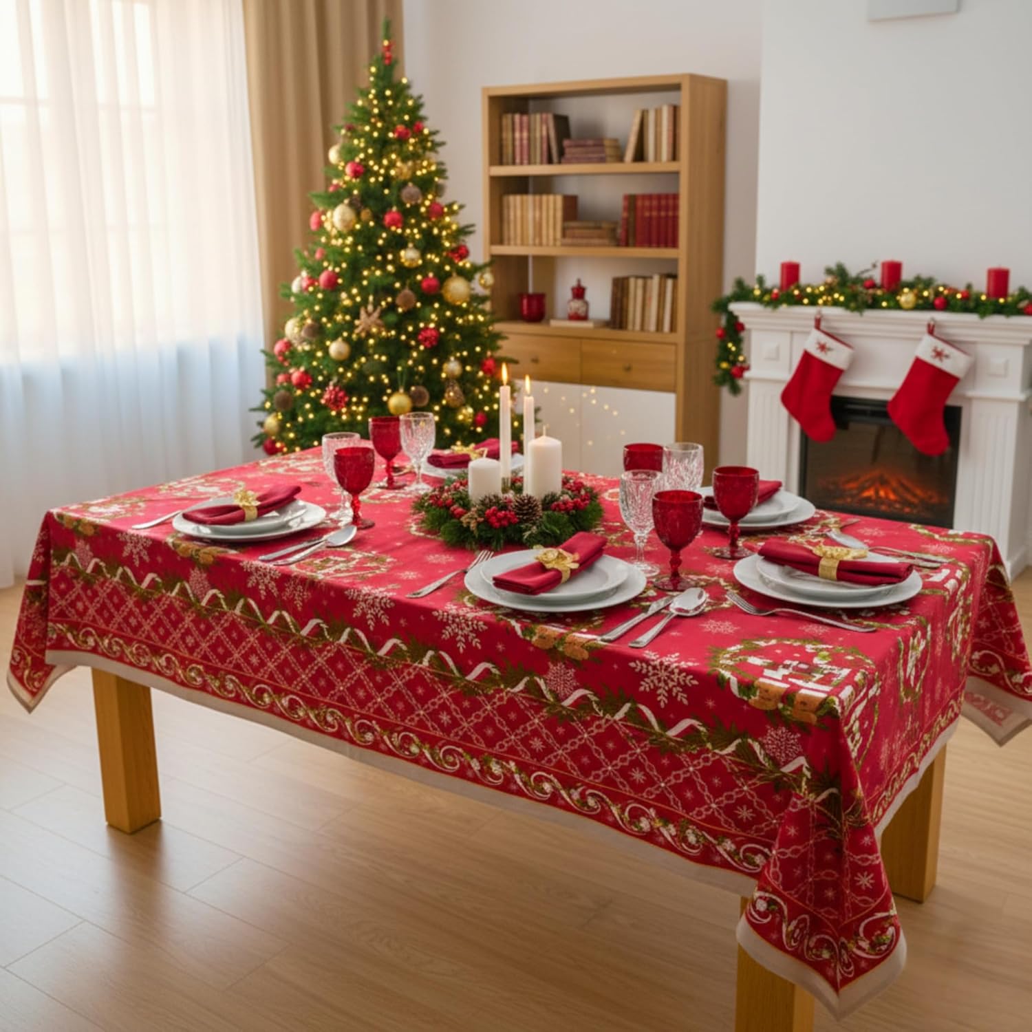 Thumbnail 4 de Nappe de Noël o-day rectangulaire en coton ou polyester – 6, 12 ou 18 places (Rouge – Guirlande du Père Noël), anti-taches