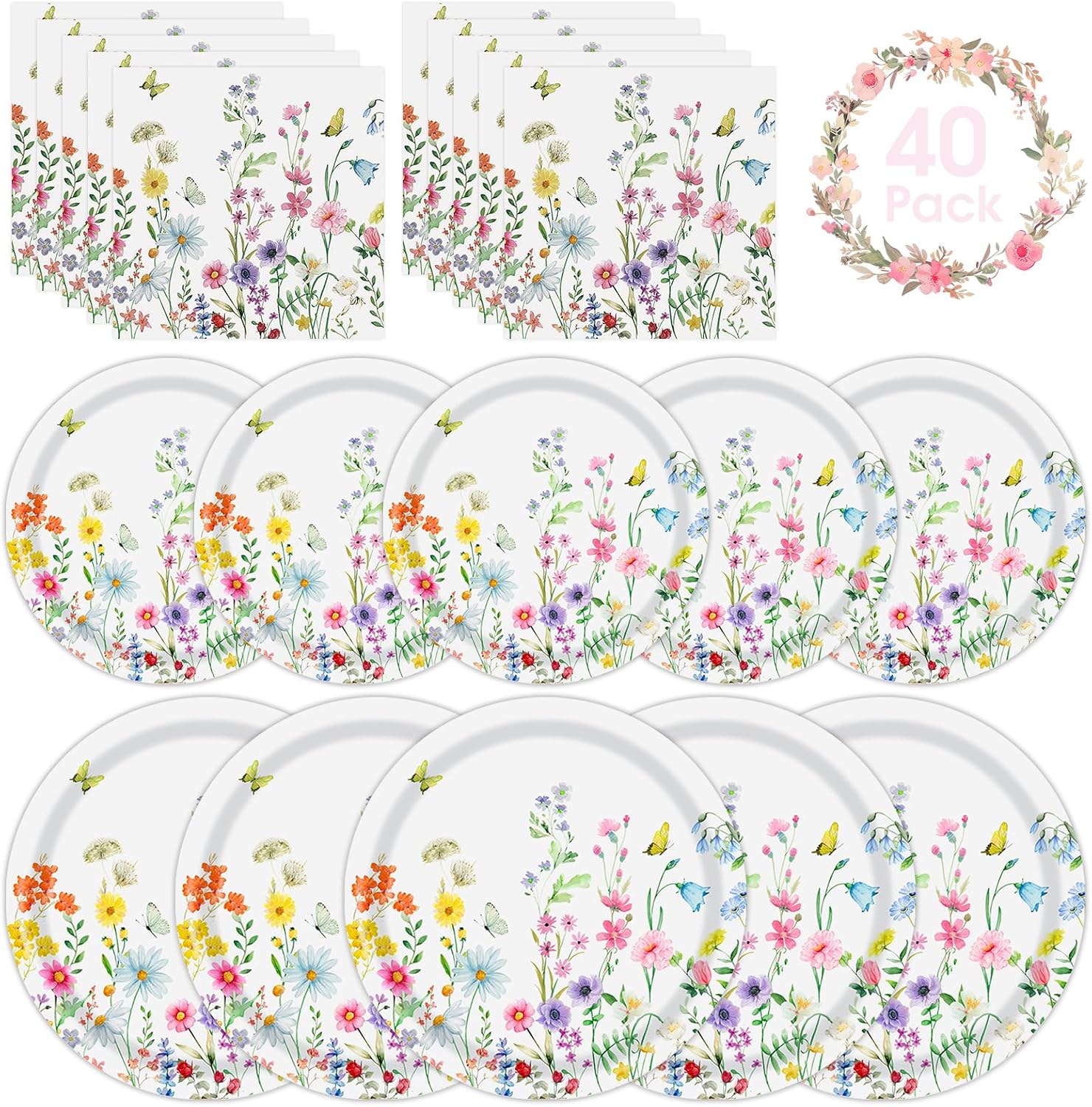 Detalle de 40 Pcs Spring Wildflower Plates and Napkins Sets