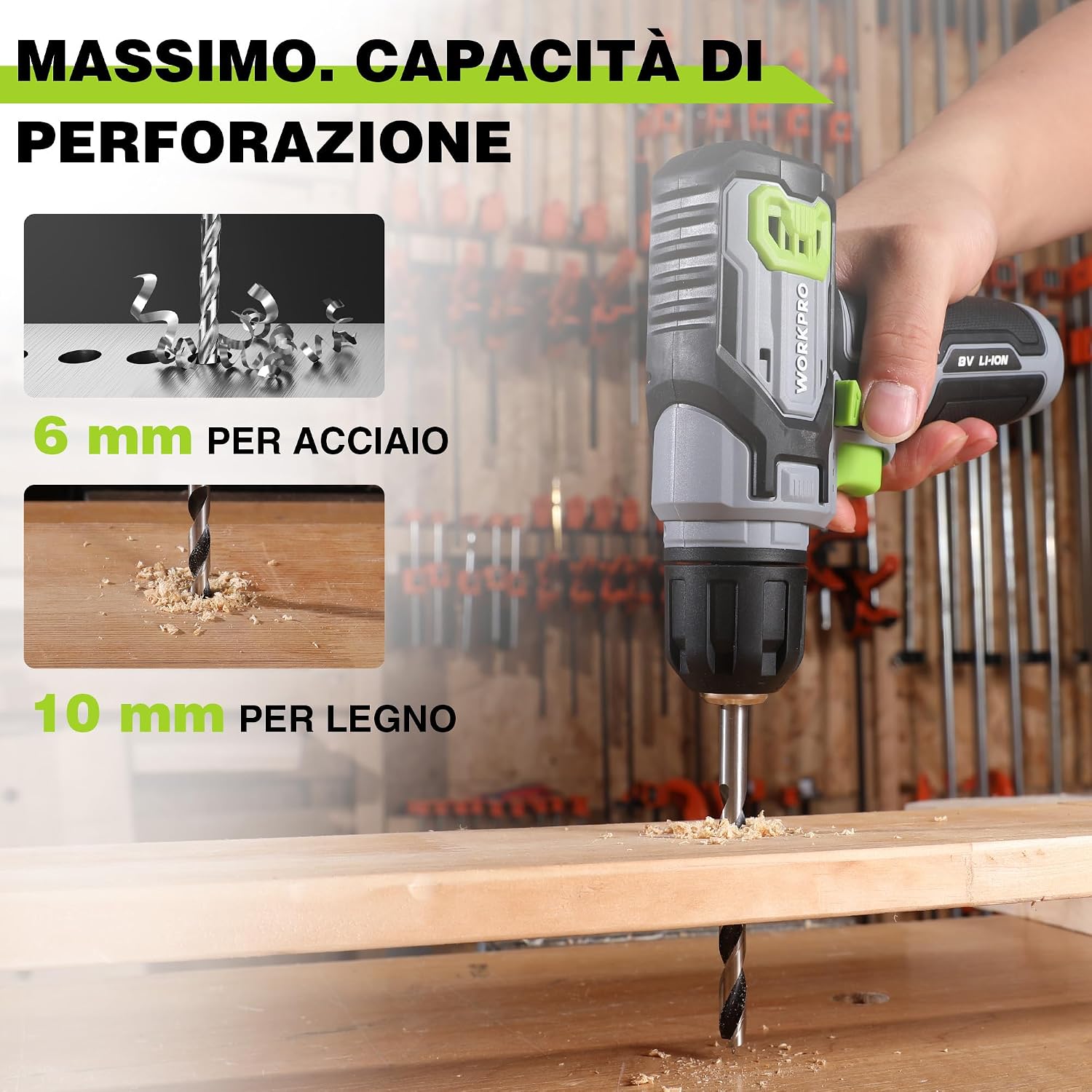 Detalle 2 de WORKPRO Trapano Avvitatore a Batteria 8V Verde Grigio con Mandrino da 10 mm e Accessori (53 pezzi)