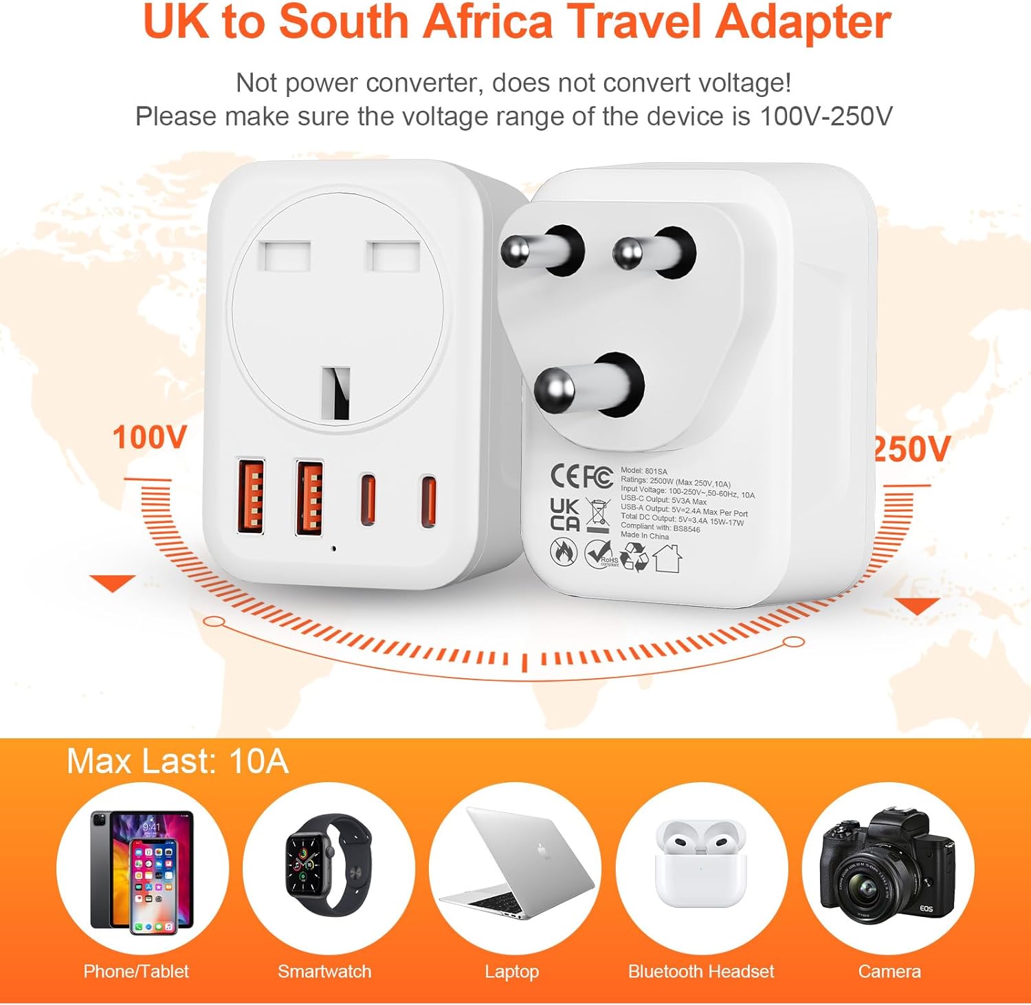 Thumbnail 4 de Omivine 5-in-1 UK to South Africa Type M travel plug adapter with USB-C and USB-A