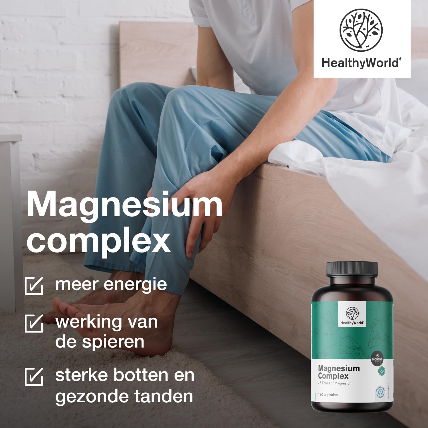 Thumbnail 2 de HealthyWorld Magnesium Complex, 180 plantaardige capsules met 5 magnesiumvormen