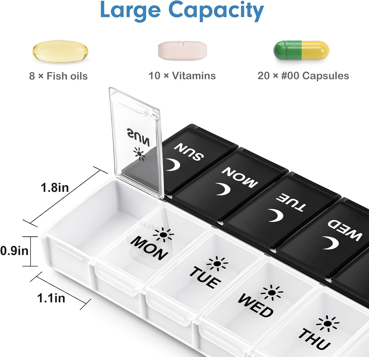 Detalle 2 de DANYING Large Pill Organizer, 7-Day AM/PM Case, Black and White