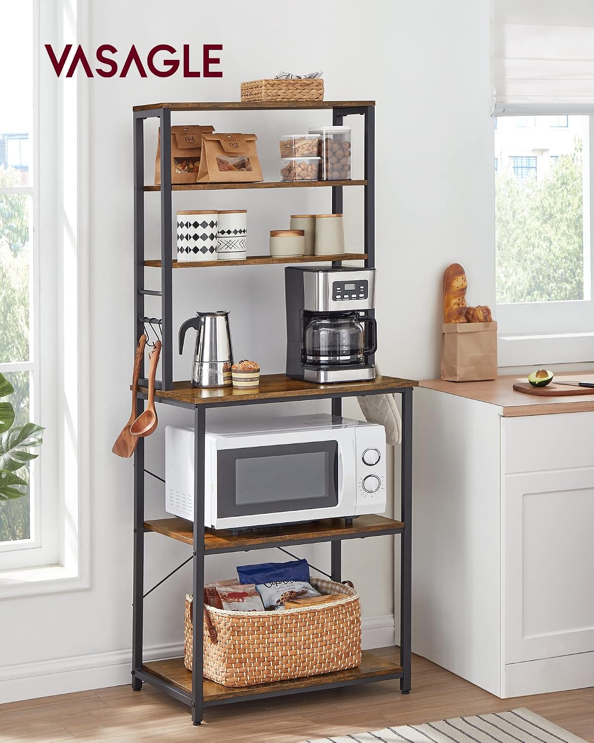 Detalle de VASAGLE BARNET KKS024B01 6-Tier Kitchen Rack with Adjustable Shelf and Hooks