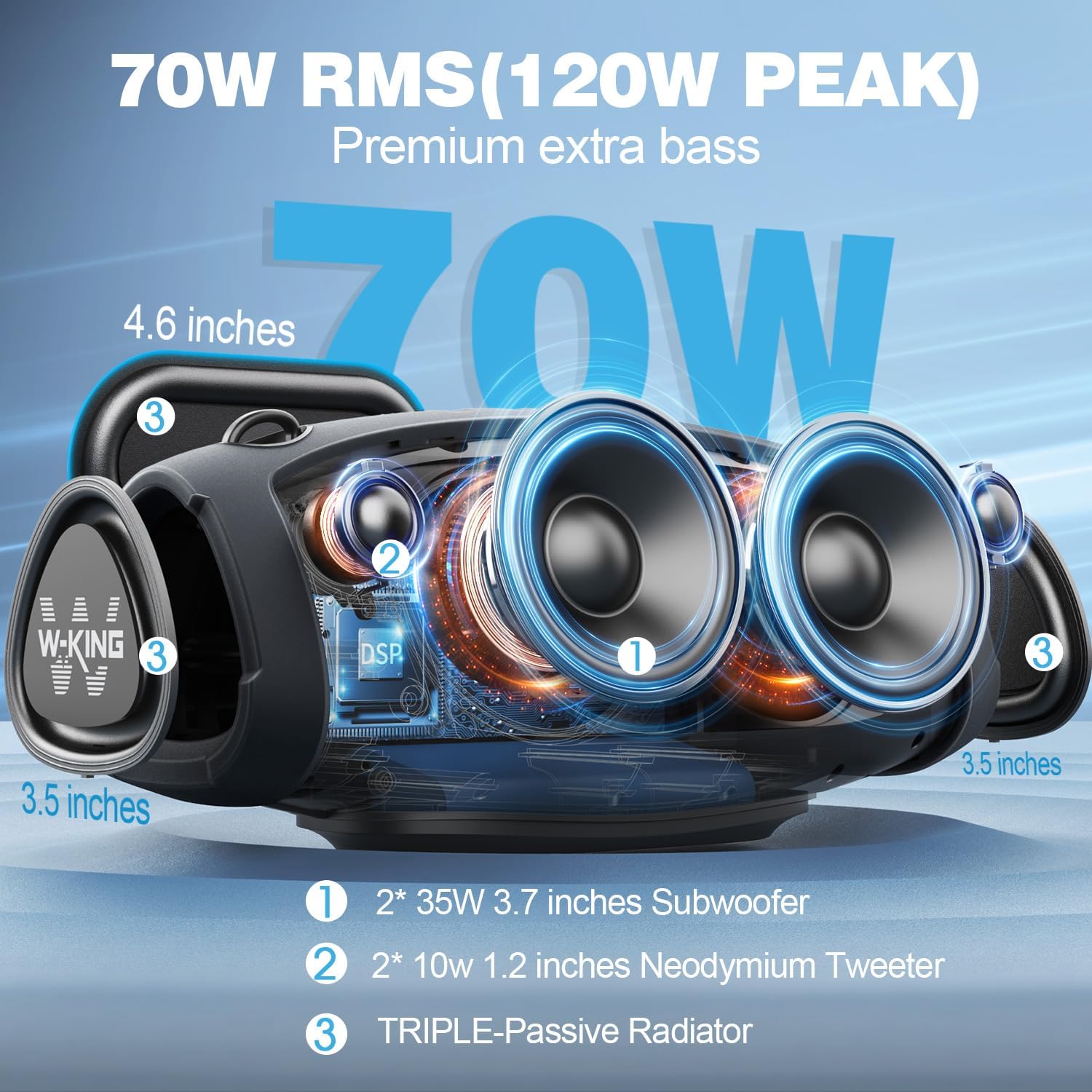 Detalle 2 de W-KING Bluetooth-Lautsprecher (70 W RMS/120 W Peak) mit kabellosem Mikrofon, IPX6 – Outdoor-Box für Musik & Ansagen