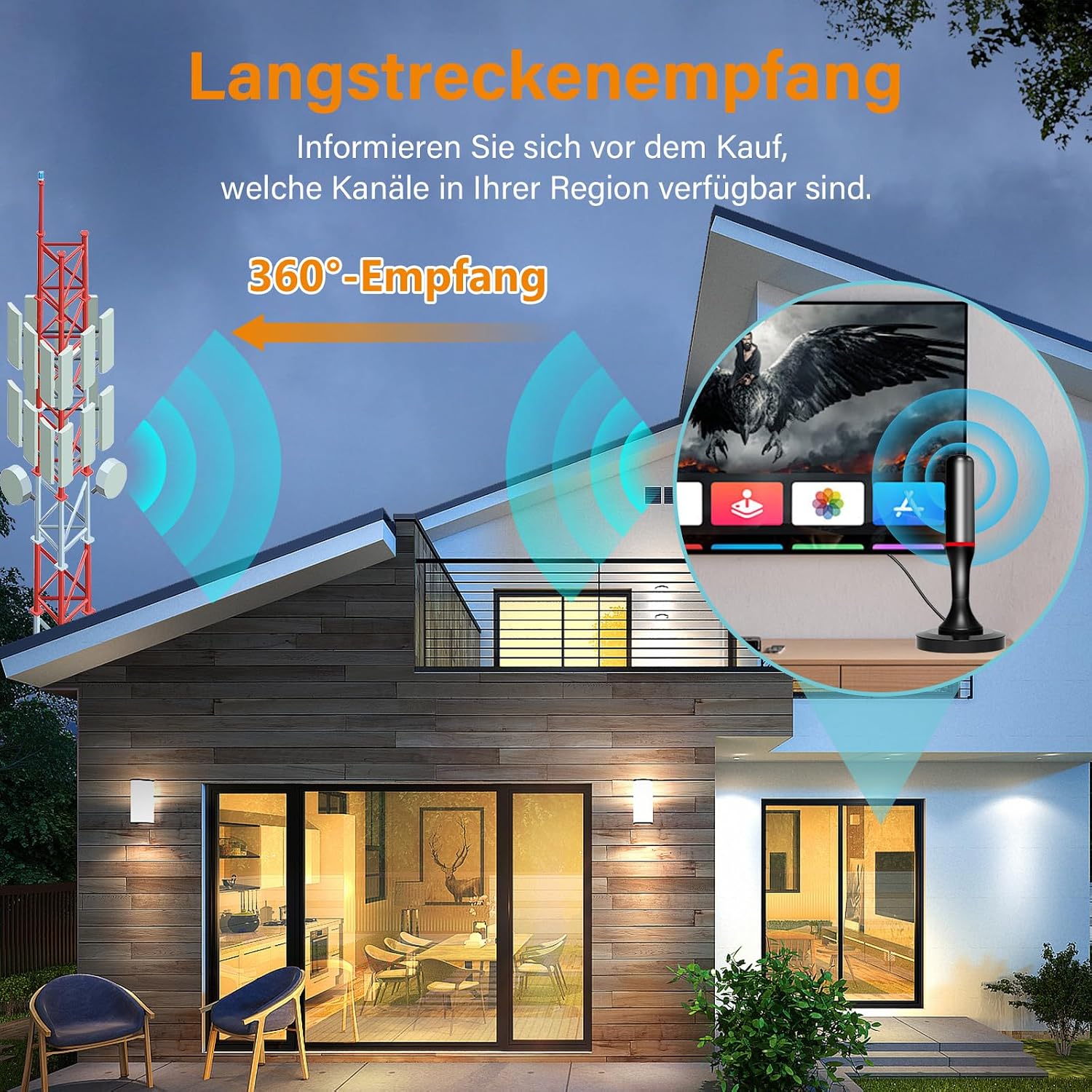 Detalle 2 de DVB-T/DVB-T2 Zimmerantenne mit Verstärker für Innen – 360° HD-Empfang, 3 m Kabel