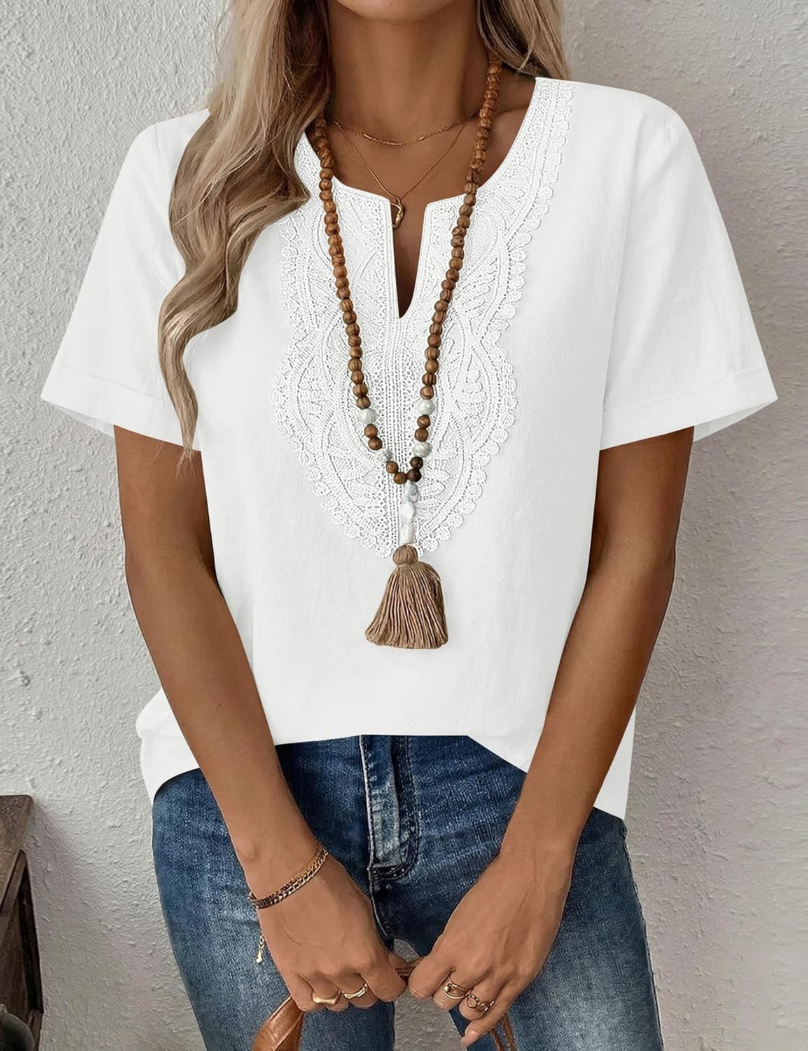 Detalle de Rapbin Women's Short Sleeve Cotton-Linen Lace V-Neck Tunic Top