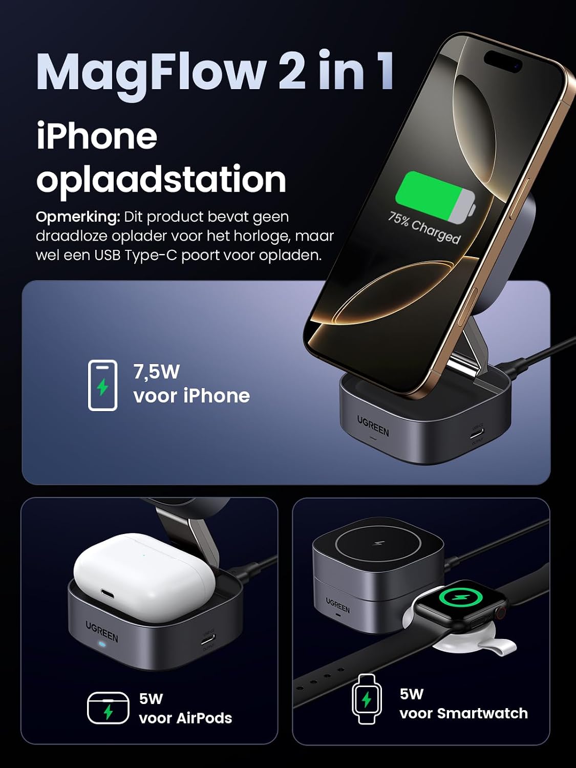 Detalle 2 de UGREEN MagFlow 2-in-1 magnetisch iPhone-laadstation, opvouwbaar, 7,5 W