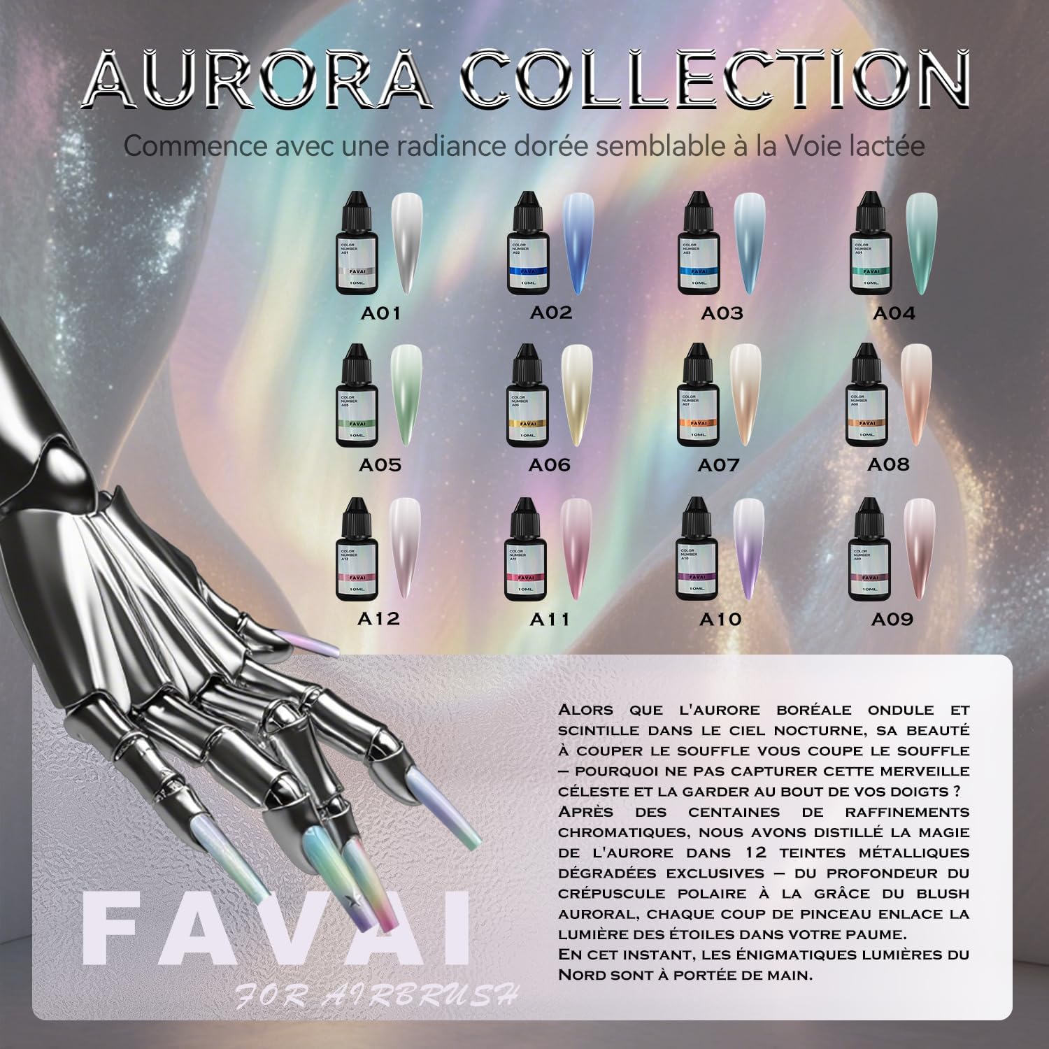 Detalle de FAVAI Aurora Collection (#A) Airbrush Gel – Set de 12 couleurs métalliques iridescentes (baby boomer)