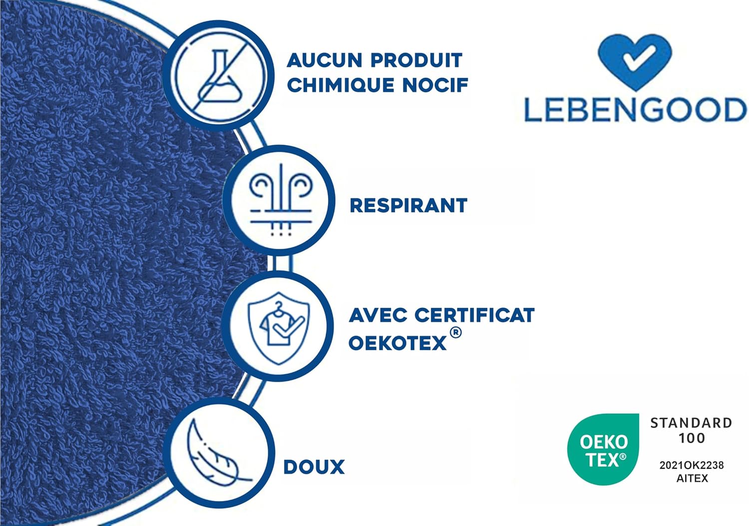Detalle 1 de LEBENGOOD badjas van 100% katoen, Amerikaanse badstof, 450 g/m²