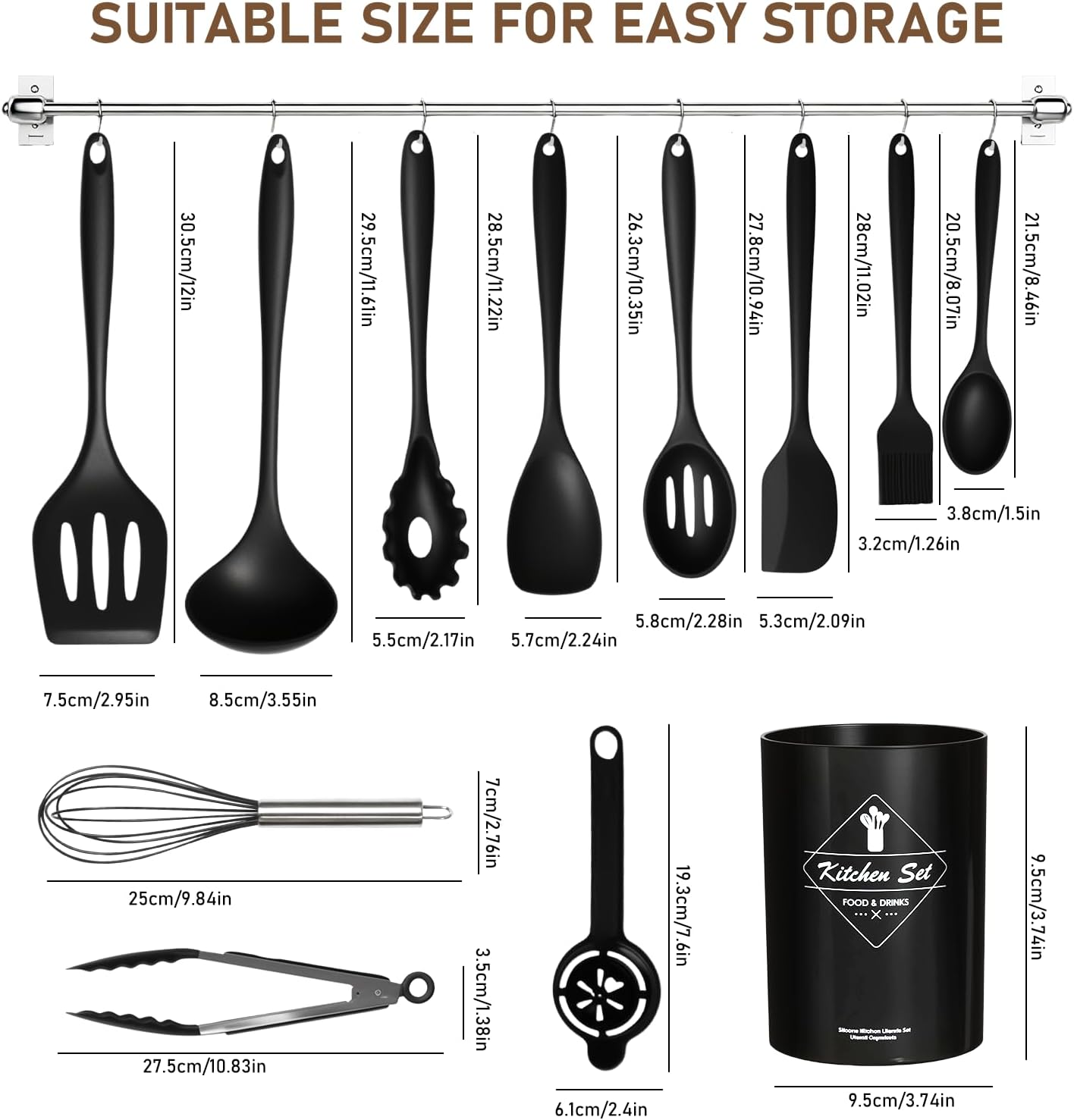 Detalle 2 de VINATO 12-Piece Silicone Kitchen Utensil Set, Black, Dishwasher-Safe