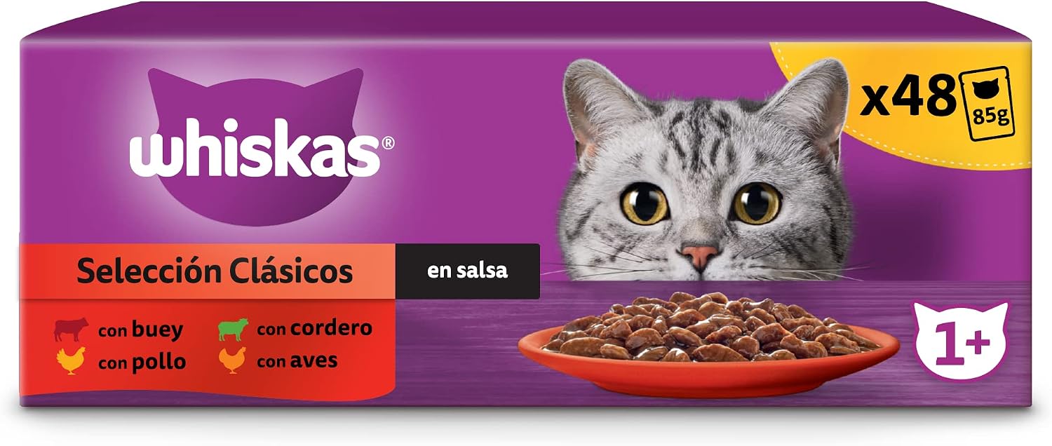 Detalle de Whiskas Nassfutter für Katzen – Erwachsene, Klassische Auswahl in Sauce, Multipack 4 × 12 × 85 g
