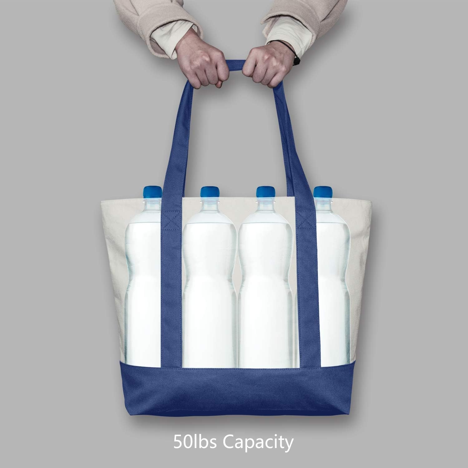 Thumbnail 5 de TOPDesign 30-Pack 12oz Cotton Canvas Reusable Grocery Bags with Exterior Pocket and Top Zipper (Blue/Natural)