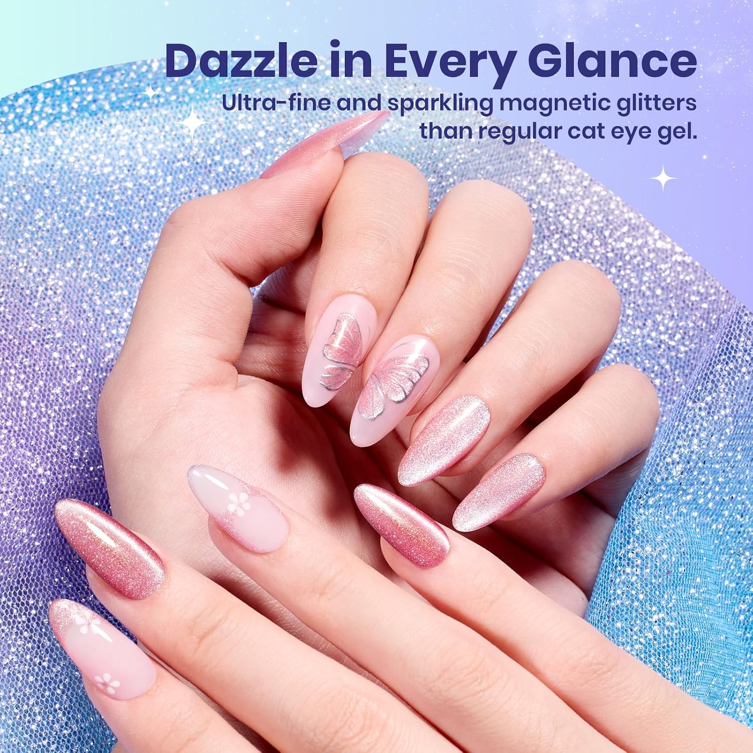 Detalle de Beetles Romantic Galaxy Cat Eye Gel Nail Polish Set (6 Colors) — UV/LED Glitter & Velvet Magnet Finish