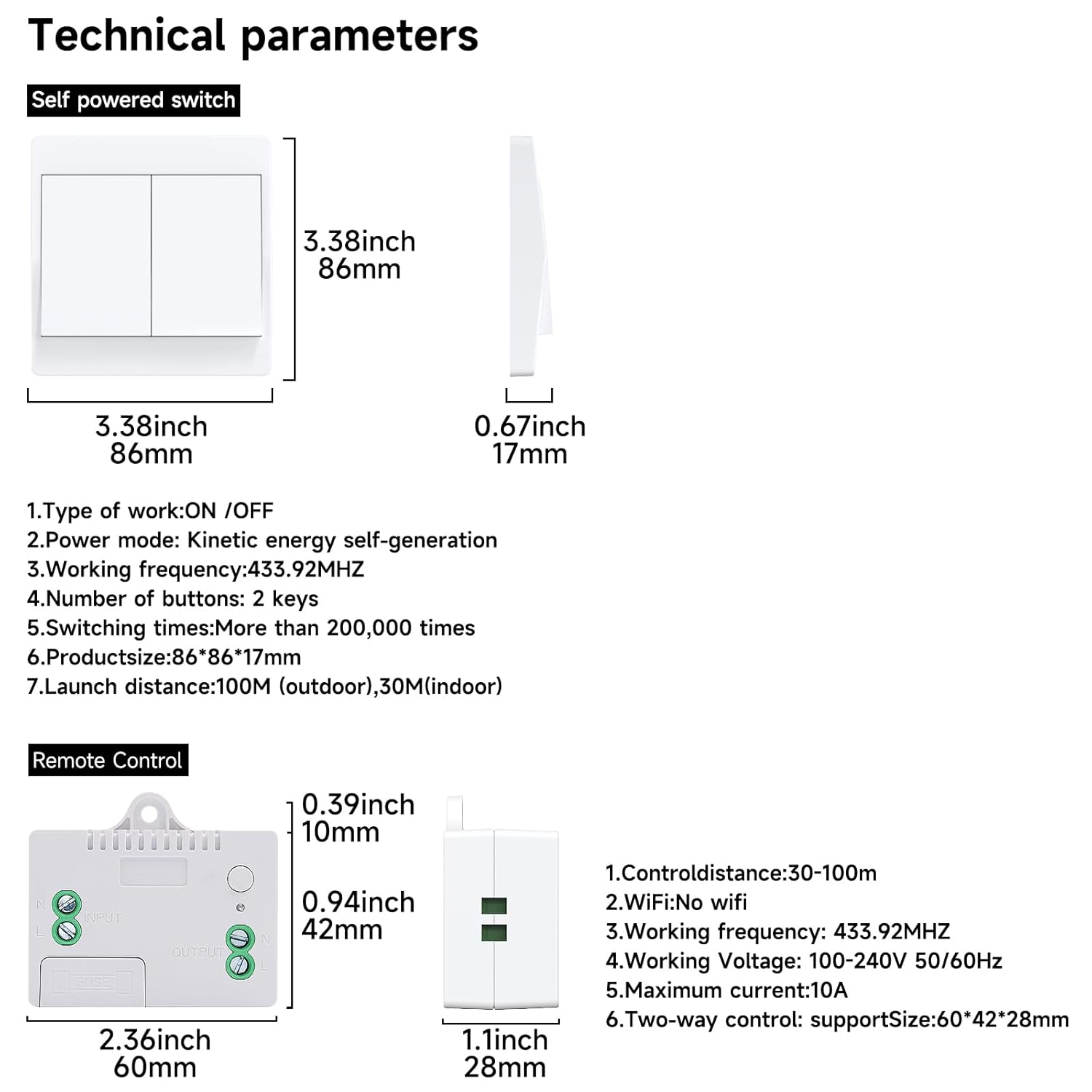 Thumbnail 1 de Cerhot EU Self-Powered Wireless Light Switch Kit (EU 2Gang) with 433MHz Kinetic Switch