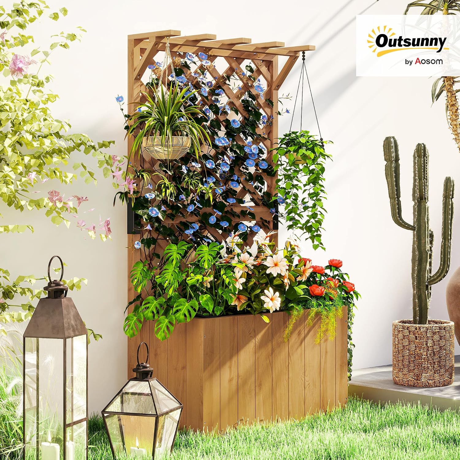 Detalle 2 de Outsunny 84H-254V00ND Wooden Planter with Trellis, Fir Wood, Drainage