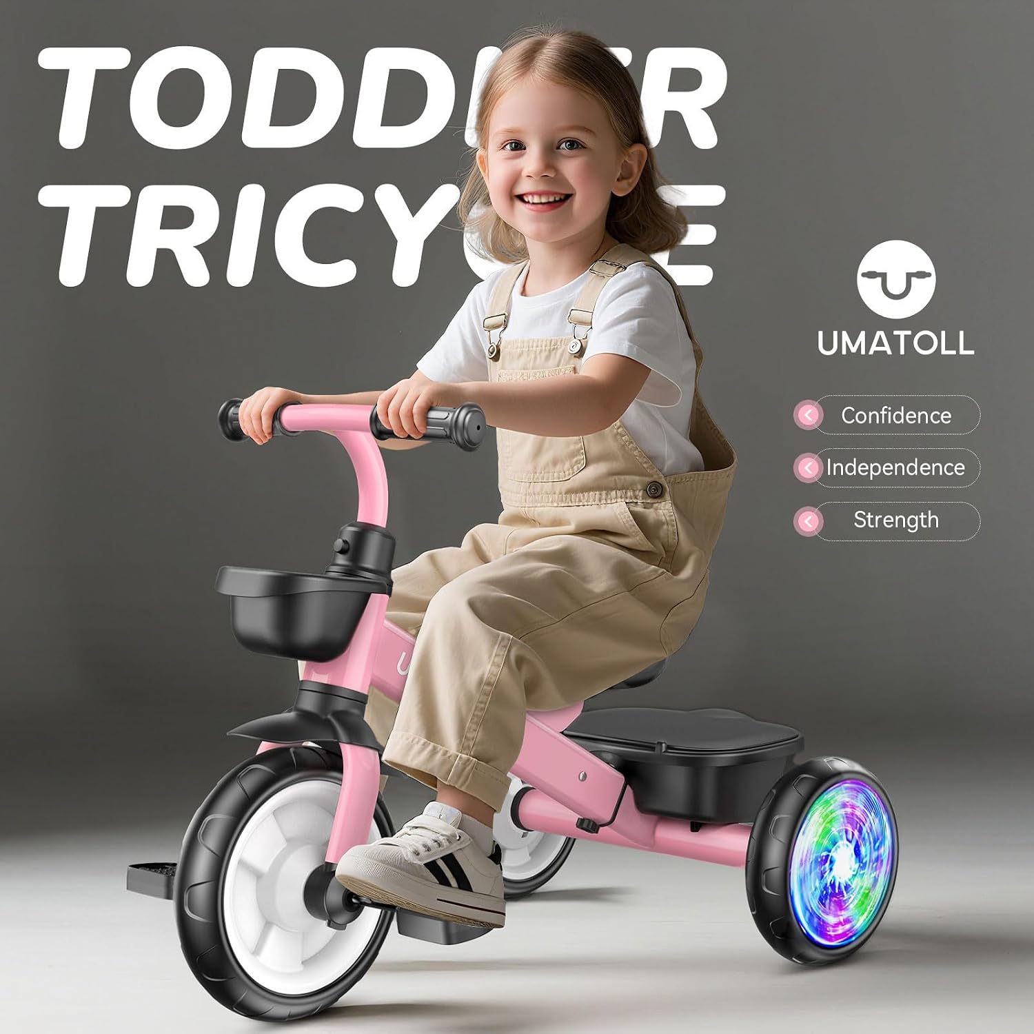 Detalle 2 de Umatoll Trike for Toddlers 2-5 Years: Adjustable, Durable Tricycle with Light-Up Wheels (Pink) for Outdoor Play