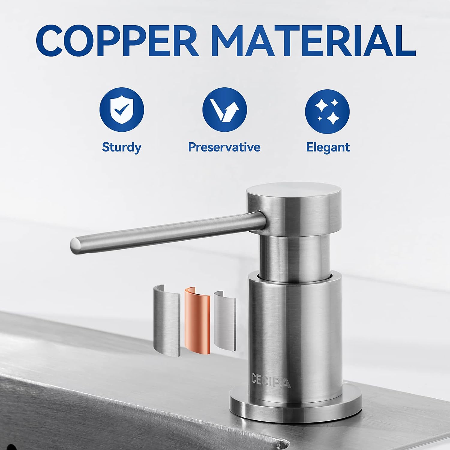 Detalle de CECIPA F1203S inbouw-zeepdispenser van koper, 360° draaibaar, geborsteld
