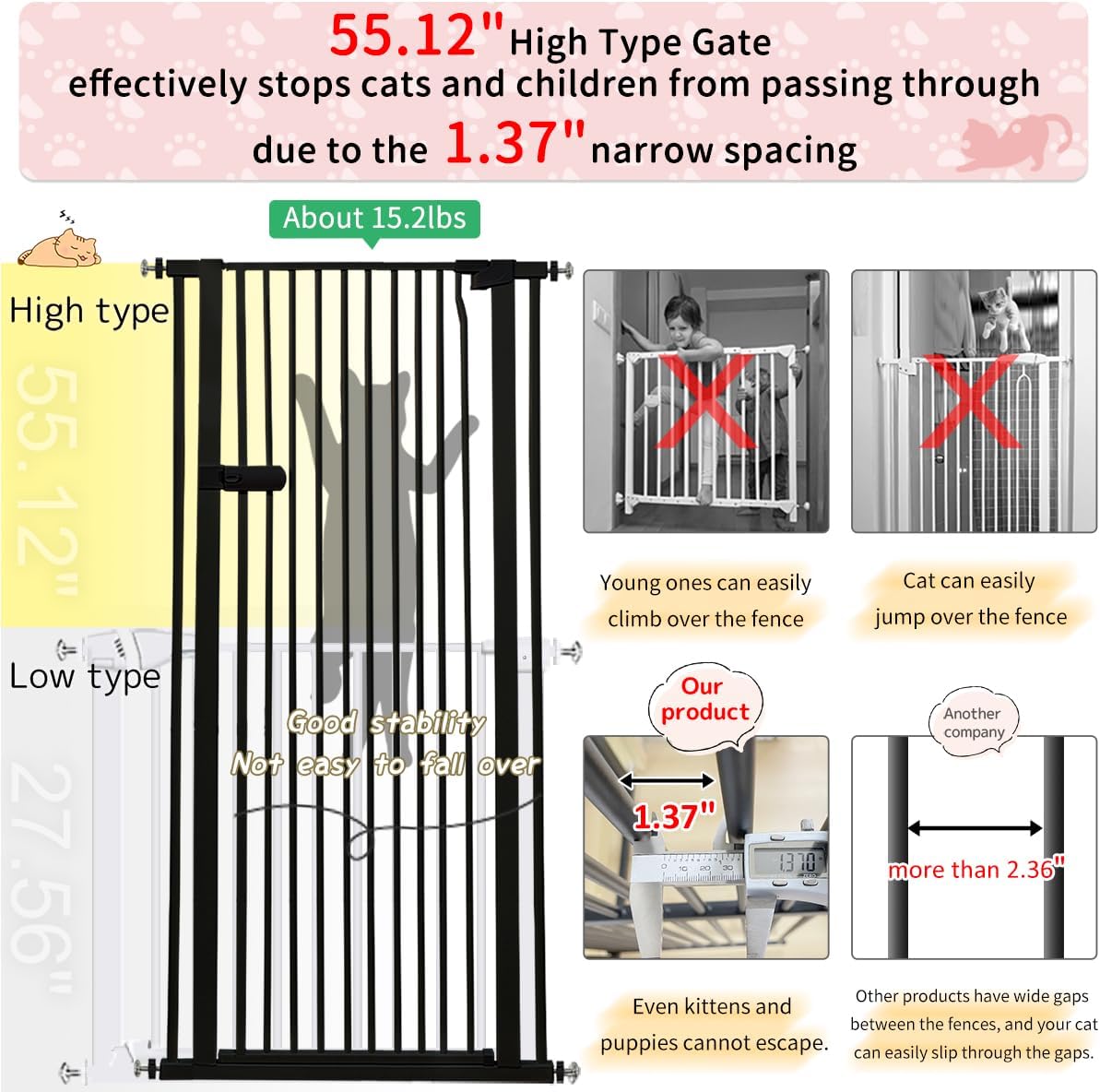 Detalle 2 de Lumizone Extra Tall Cat Gate, 55.12-Inch Metal Pressure-Mounted Gate