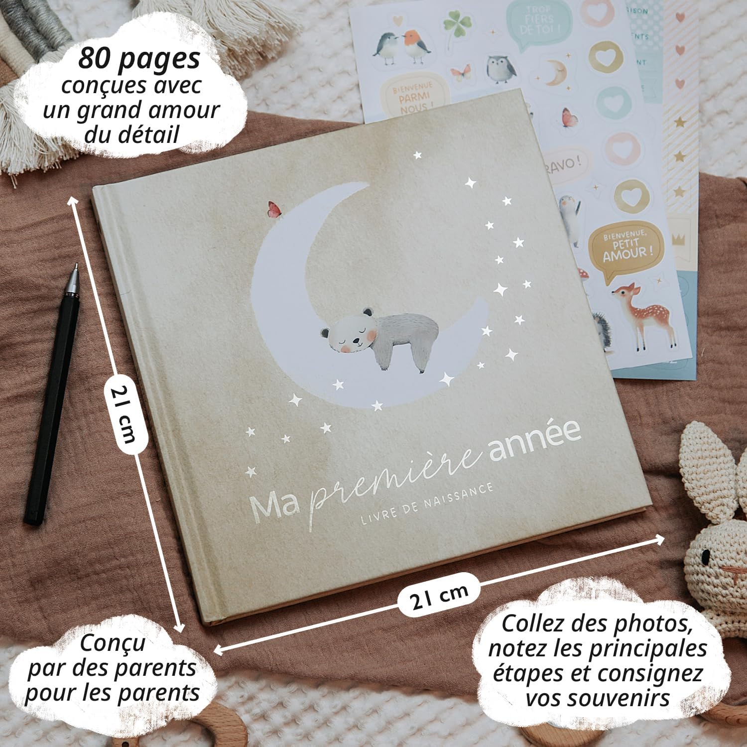 Detalle de Livre de naissance Ma première année + set d’autocollants – Album photo bébé Nature
