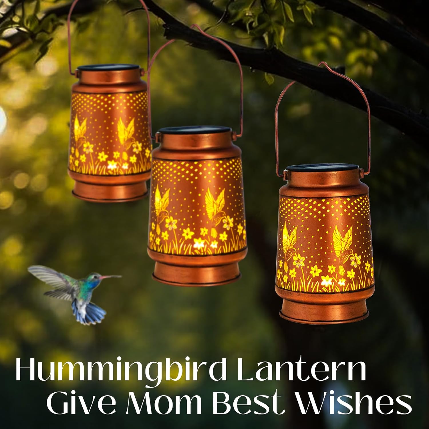 Thumbnail 4 de TickTime 2 Pack Hummingbird Garden Solar Lanterns (Brown) – Copper-style vintage outdoor decorative lights