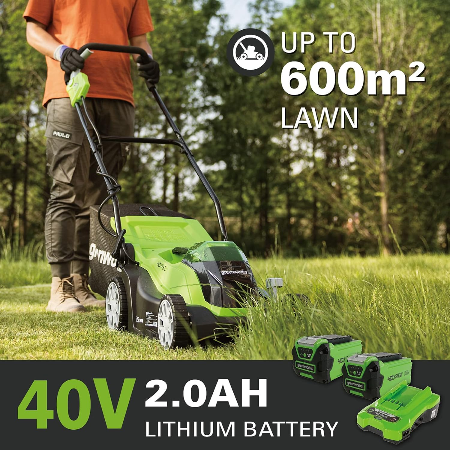 Detalle de Greenworks G40LM35K2X + G40LT: tagliaerba 40V a batteria da 35 cm con 2 batterie 2Ah e tagliabordi