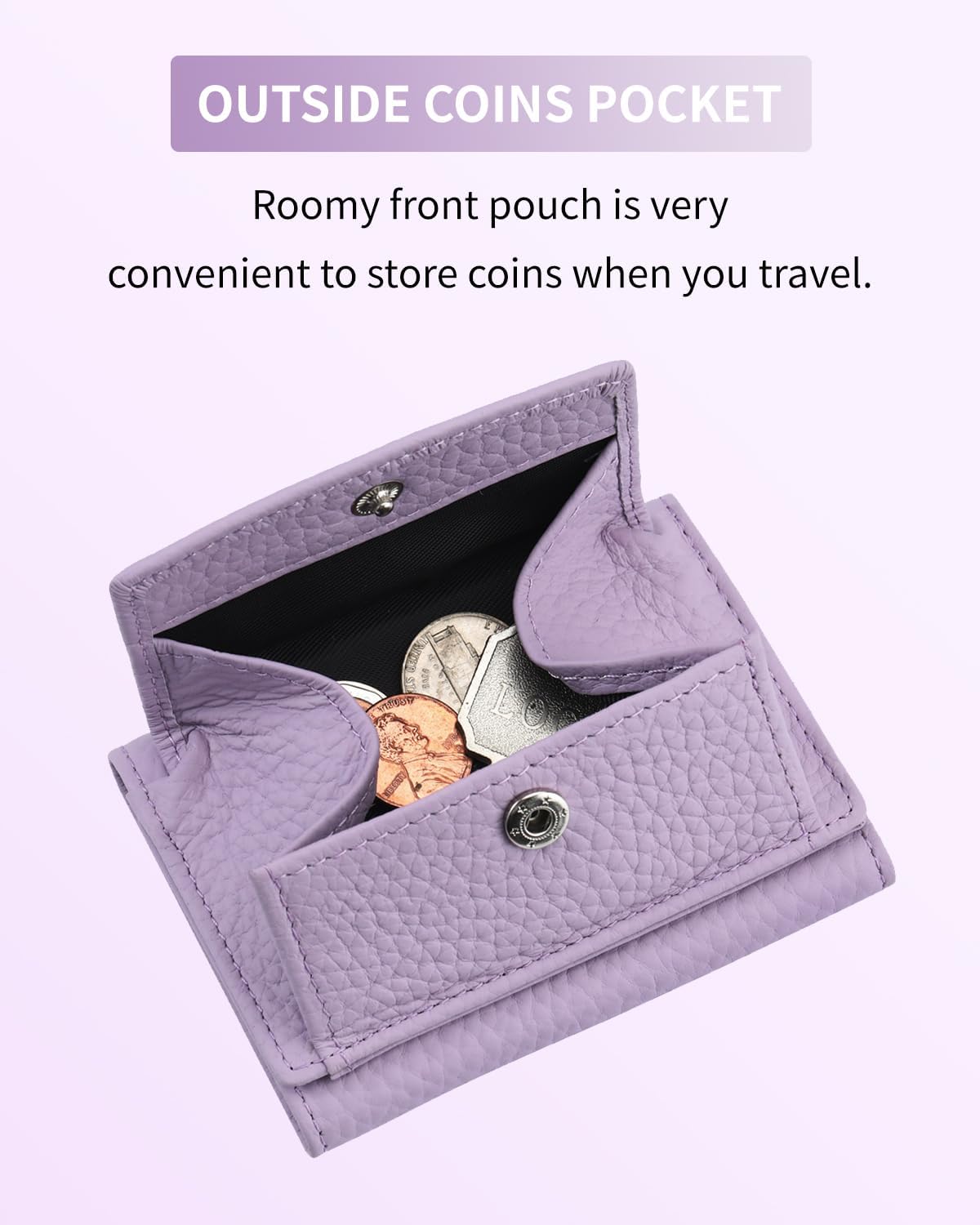 Detalle de Karmiir Piccolo portafoglio in pelle RFID da donna – mini portafoglio tre ante, viola chiaro