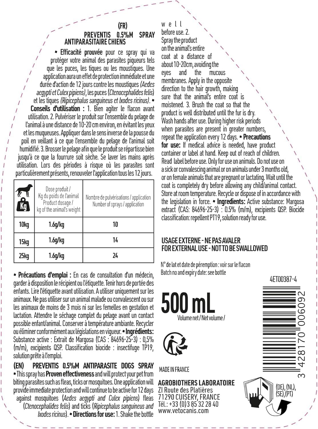 Detalle 2 de Vetocanis Spray anti-puces, anti-tiques et anti-moustiques pour chien – 500 ml, protection jusqu’à 12 jours