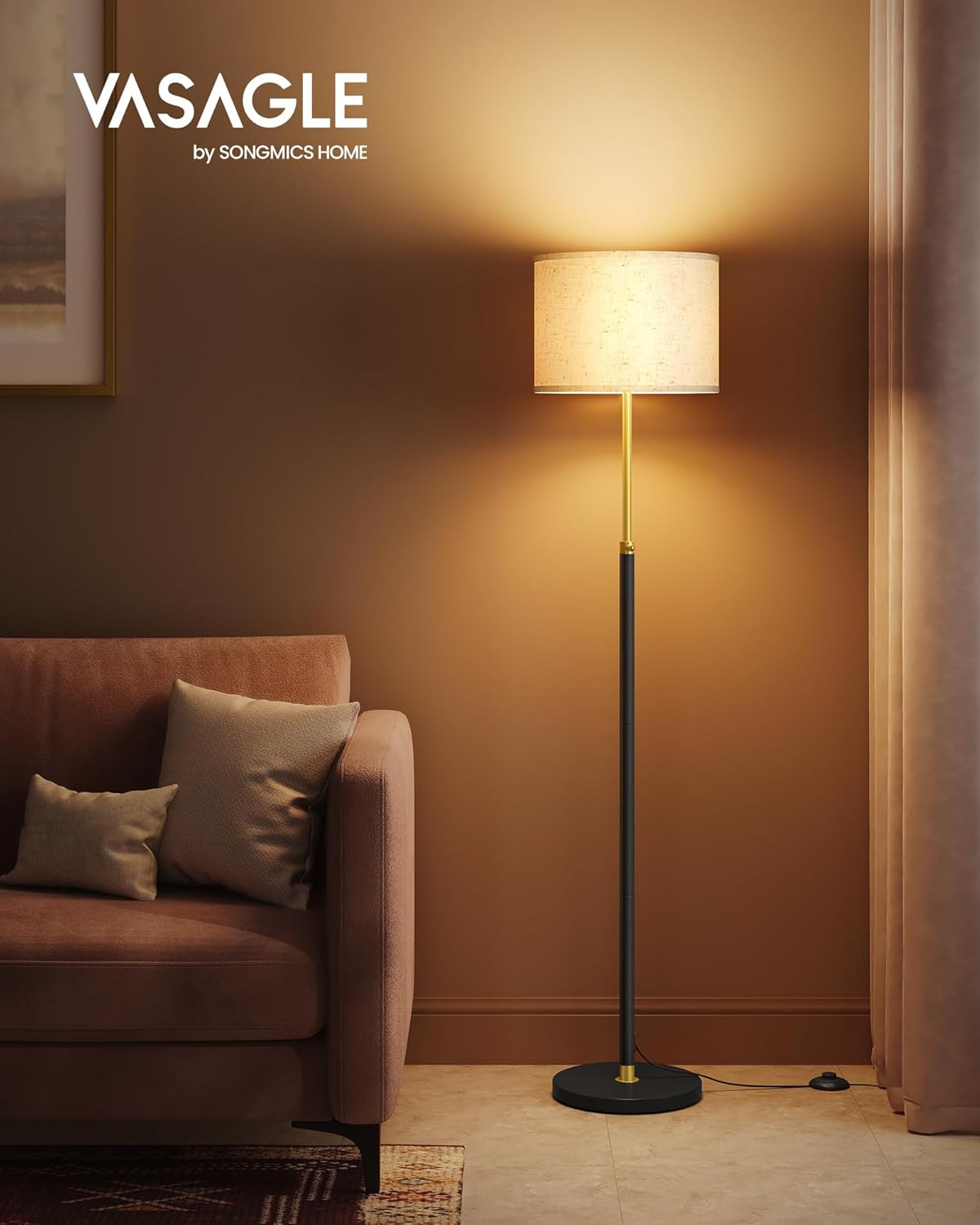 Detalle de VASAGLE Lampadaire LFL002B02 – Lampe sur pied ajustable 140–170 cm, doré et noir