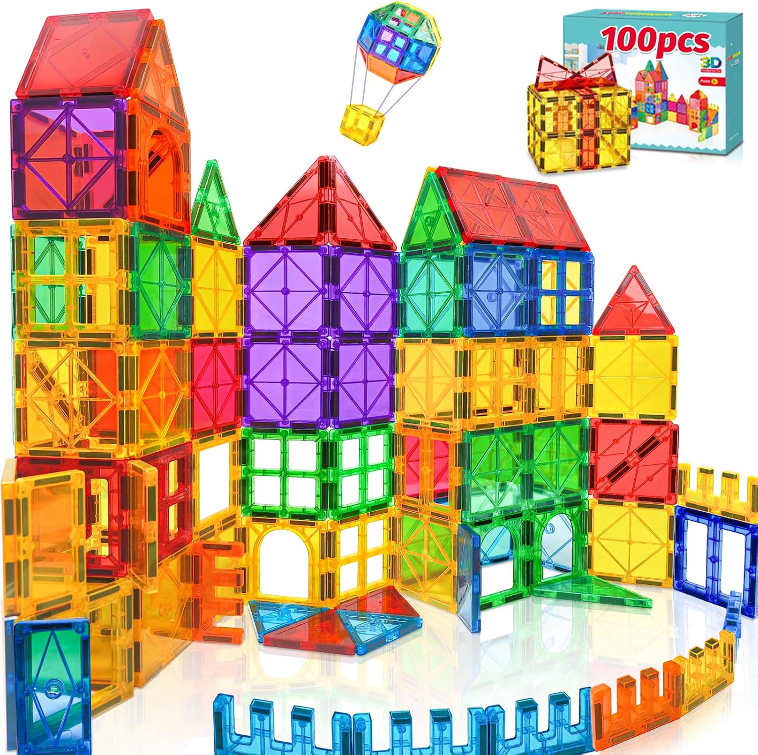 Detalle de Landtaix 100-Piece Magnetic Tiles: STEM Building Blocks for Kids 4–8