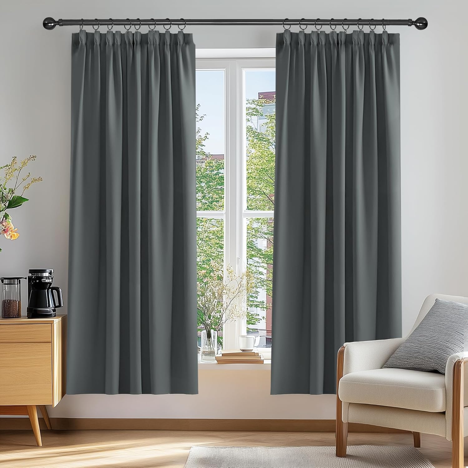 Thumbnail 1 de Deconovo Super Soft Solid Pencil Pleat Curtains – Dark Grey, 2 Panels, W55 x L69 Inches