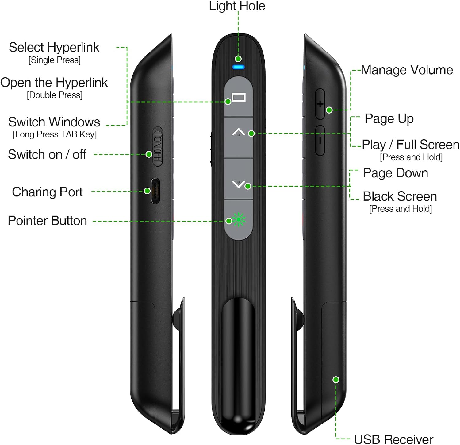 Detalle de DinoFire DM102-4 Presentation Clicker with Green Light and Rechargeable Battery
