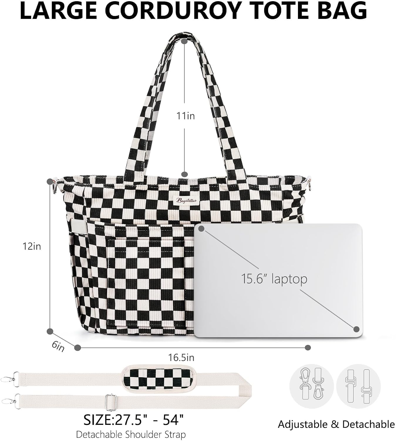 Thumbnail 1 de Bagstellar Corduroy Tote Bag for Women, 17 Pockets, Padded 15.6-Inch Laptop Compartment