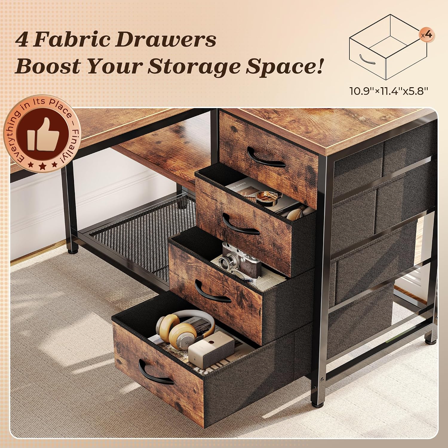 Detalle 2 de PRAISUN 43.3-Inch Reversible L-Shaped Desk with Power Outlets and 4 Drawers