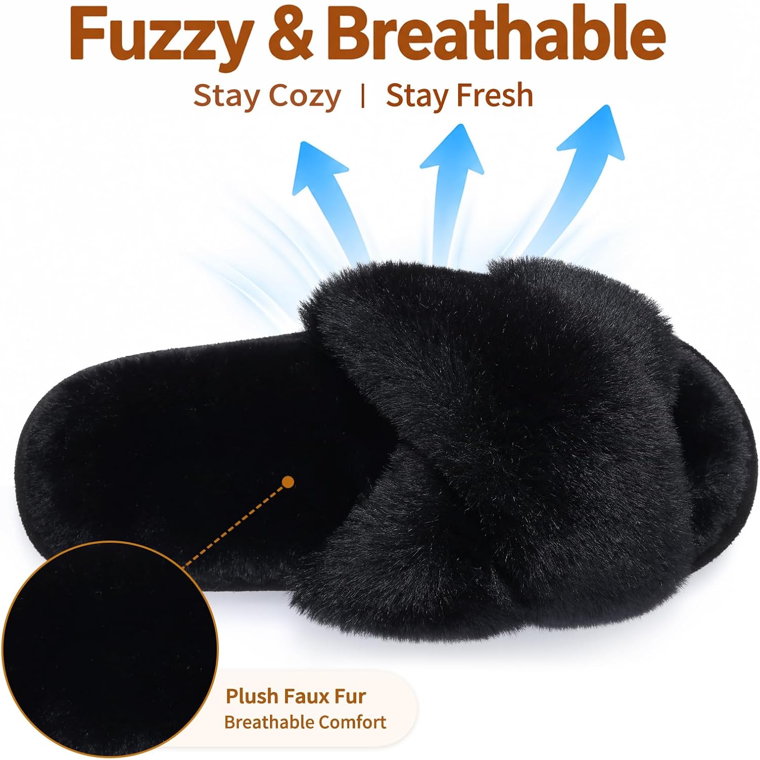 Detalle de Evshine Women’s Fuzzy Slippers with Cross Band & Memory Foam (Open Toe)