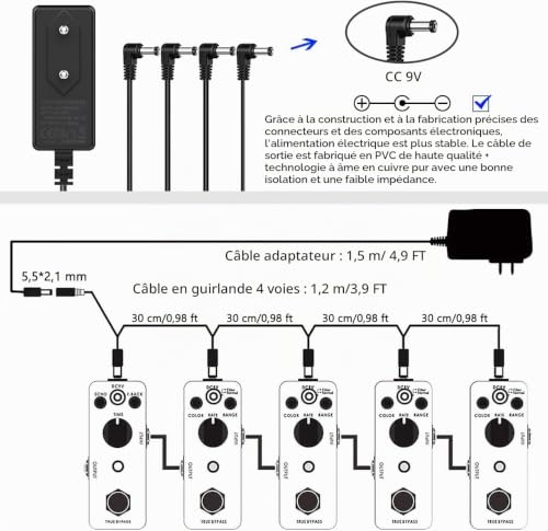 Thumbnail 4 de JOYO Alimentation Secteur 9V DC pour Pédales (800mA–1A) avec 4 câbles Daisy Chain – Compatible majorité de pédales (pointe négative)