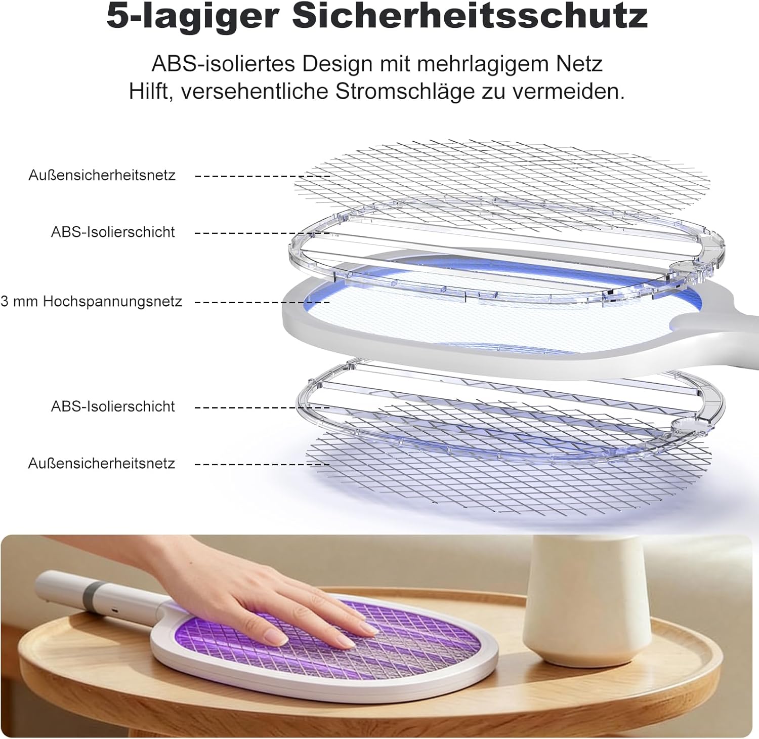 Thumbnail 5 de TEINNGO Raquette électrique anti-insectes 5000V rechargeable USB-C (2000 mAh) avec base