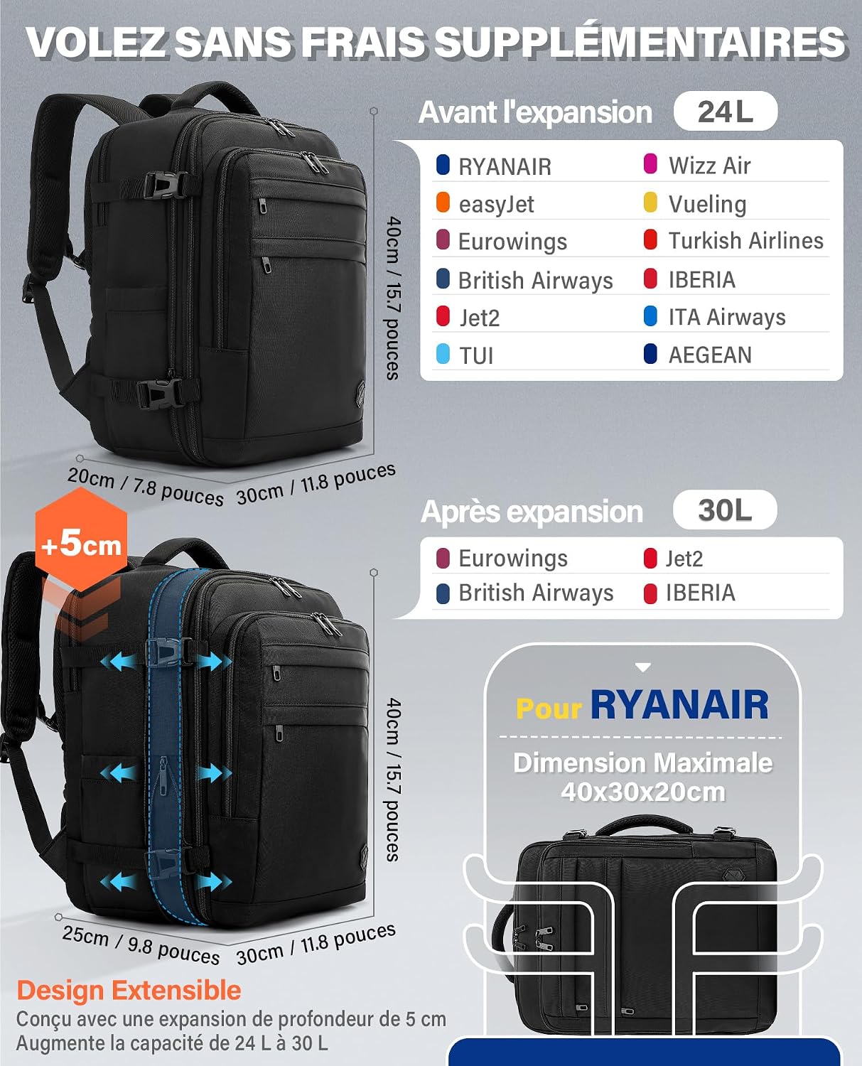 Detalle de VANKEV Sac à Dos Voyage Cabine — extensible et approuvé pour Ryanair, EasyJet et Eurowings